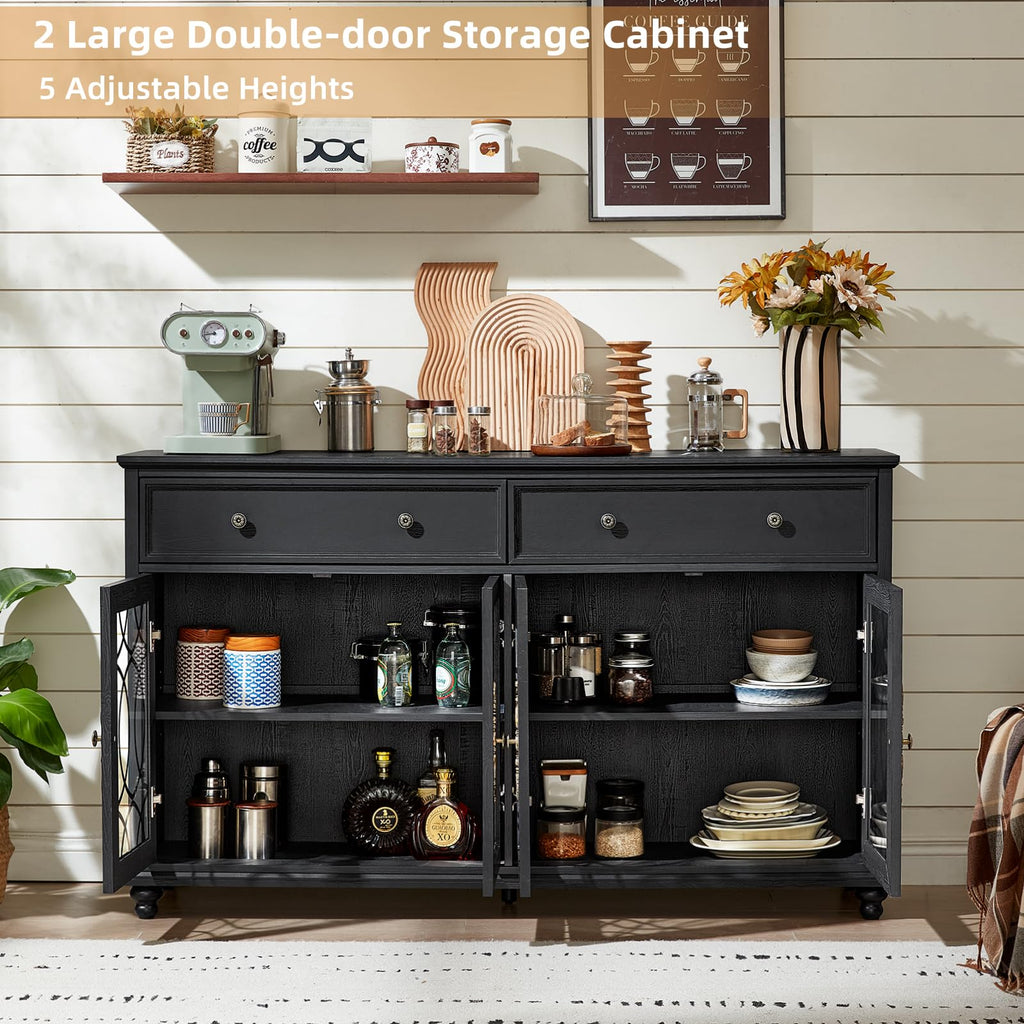 Joaxswe Farmhouse Sideboard Buffet Cabinet with Storage,59" Large Credenza with 4 Glass Doors & 2 Drawers,Adjustable Shelves Console Table,Wood Kitchen Coffee Bar for Dining Room,Living Room,Black