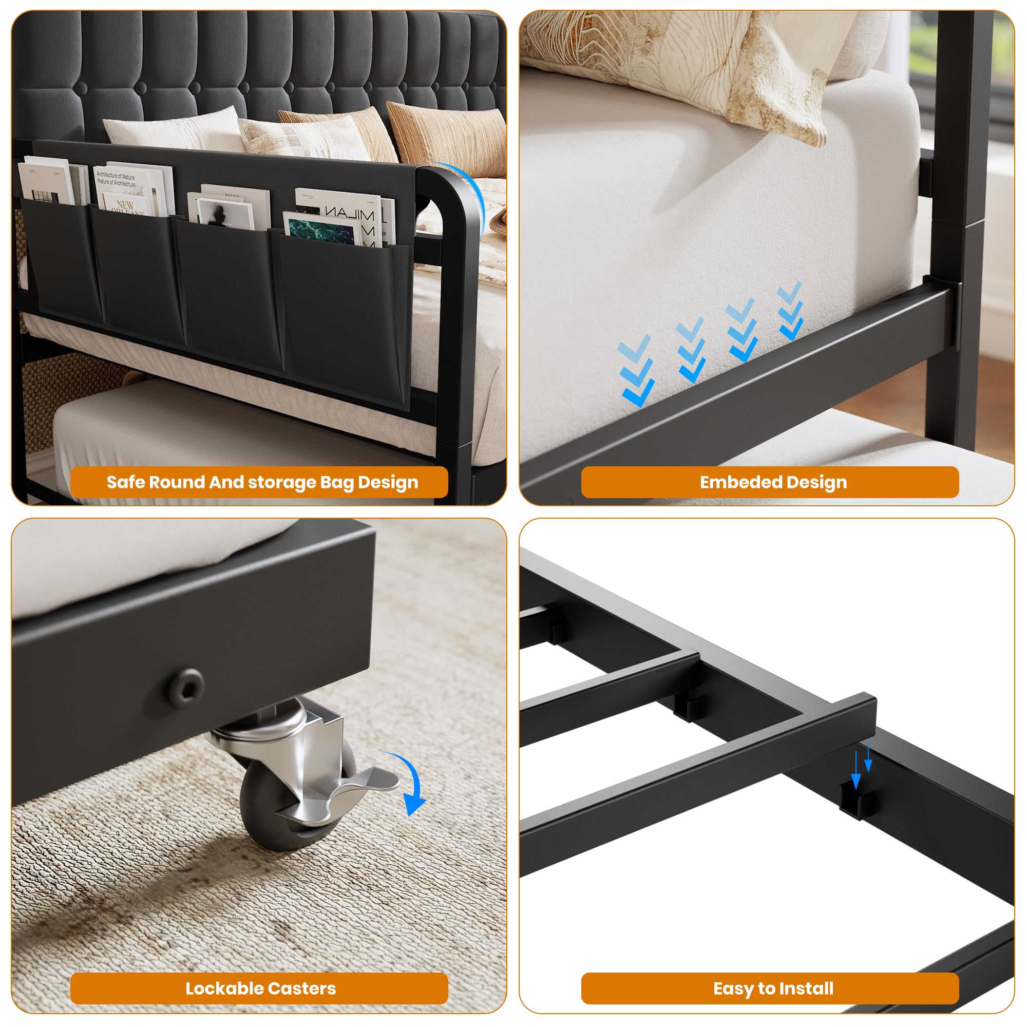 Daybed with Trundle, Metal Twin Bed Frame with Upholstered Storage Headboard, Charging Station & LED, Sofa Day Bed with Pop Up Trundle, Side Pockets, Sturdy Supports for Living Room and Bedroom, Black