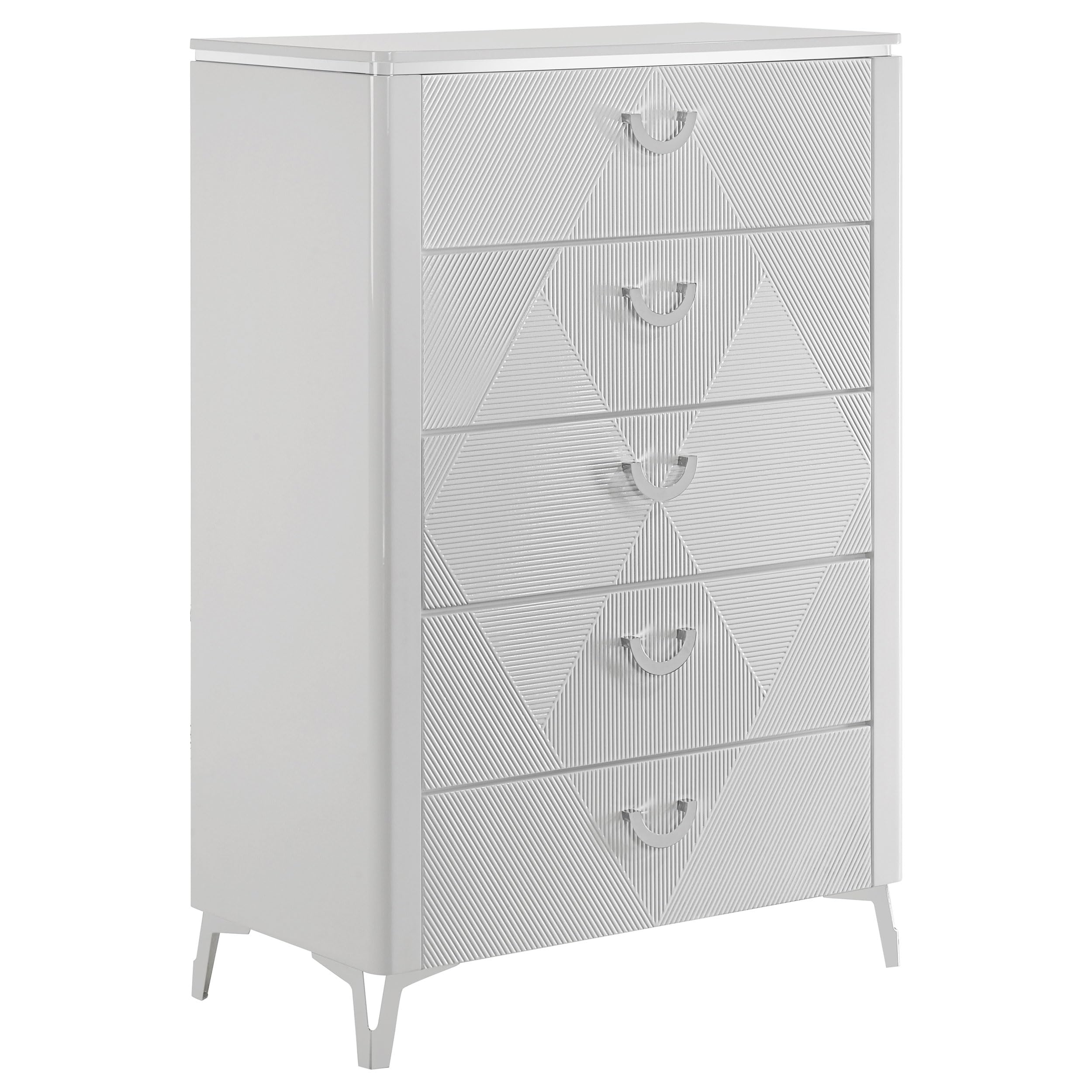 Coaster Home Furnishings - Cassia - Wood - 5-Drawer Chest with Black Felt-Lined Top, V-Patterns Front, U-Shaped Pulls, Tapered Legs and Contemporary Style - Bedroom - White High Gloss - 215795