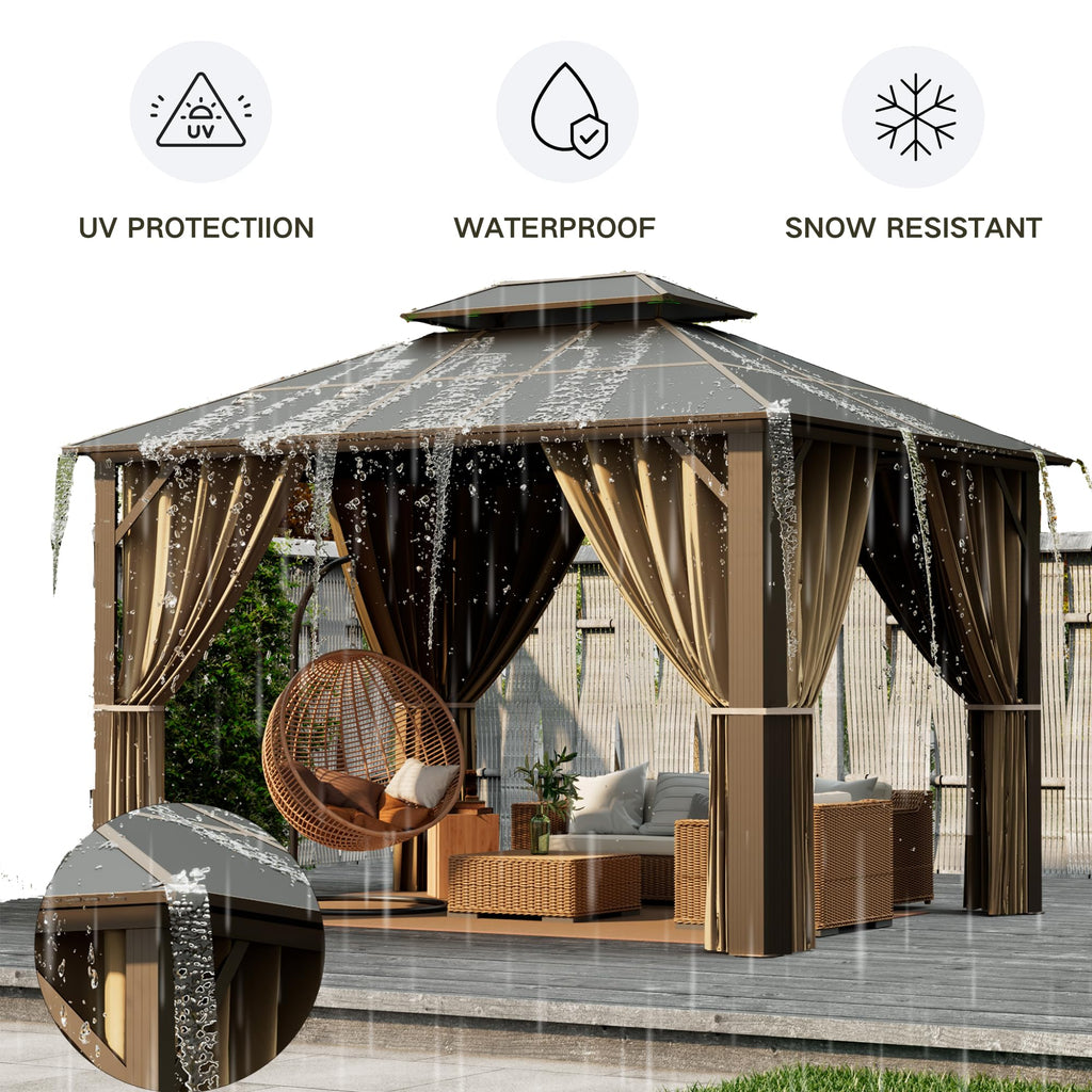 Patio Kingdom 10'x12' Hardtop Gazebo with Double Polycarbonate Roof, All Weather Aluminum Frame Outdoor Pavilion with Curtains and Netting, UV Protection for Patio, Lawn & Garden