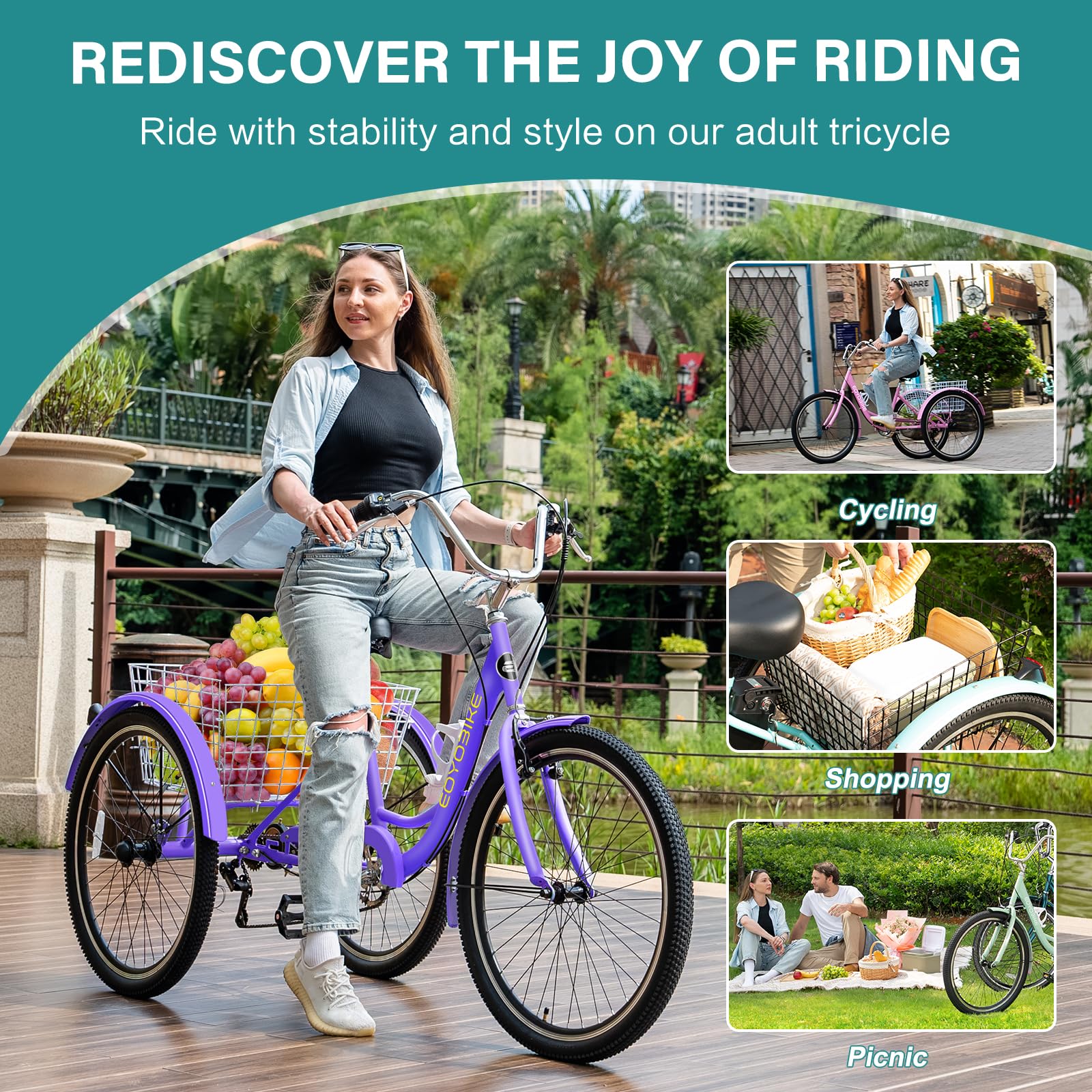MOPHOTO Adult Tricycle 7 Speed, 20/24/26 Inch Low Step-Through Adult Trike with Large Rear Basket, 350 lbs Capacity 3 Wheel Bike for Seniors, Women and Men