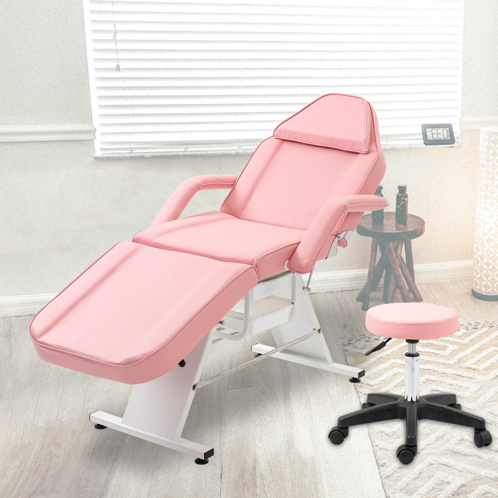 KEIKI Massage Salon Tattoo Chair Esthetician Bed with 2 Tray, Hydraulic Stool, Wide Leg Multi-Purpose 3-Section Facial Bed Table with Adjustable Barber Spa Beauty Equipment, Easy Assembly, Pink