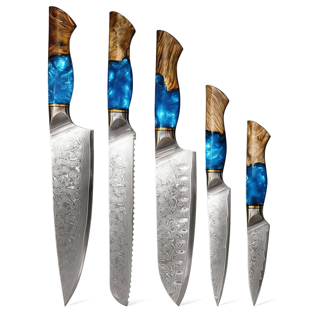 Seveat Damascus Kitchen Knife Set | 67-Layer Damascus Steel | Professional Japanese Chef Knife Set | Ergonomic Wood & Resin Handle | Gift Box Included (Blue, 5-Piece Set)