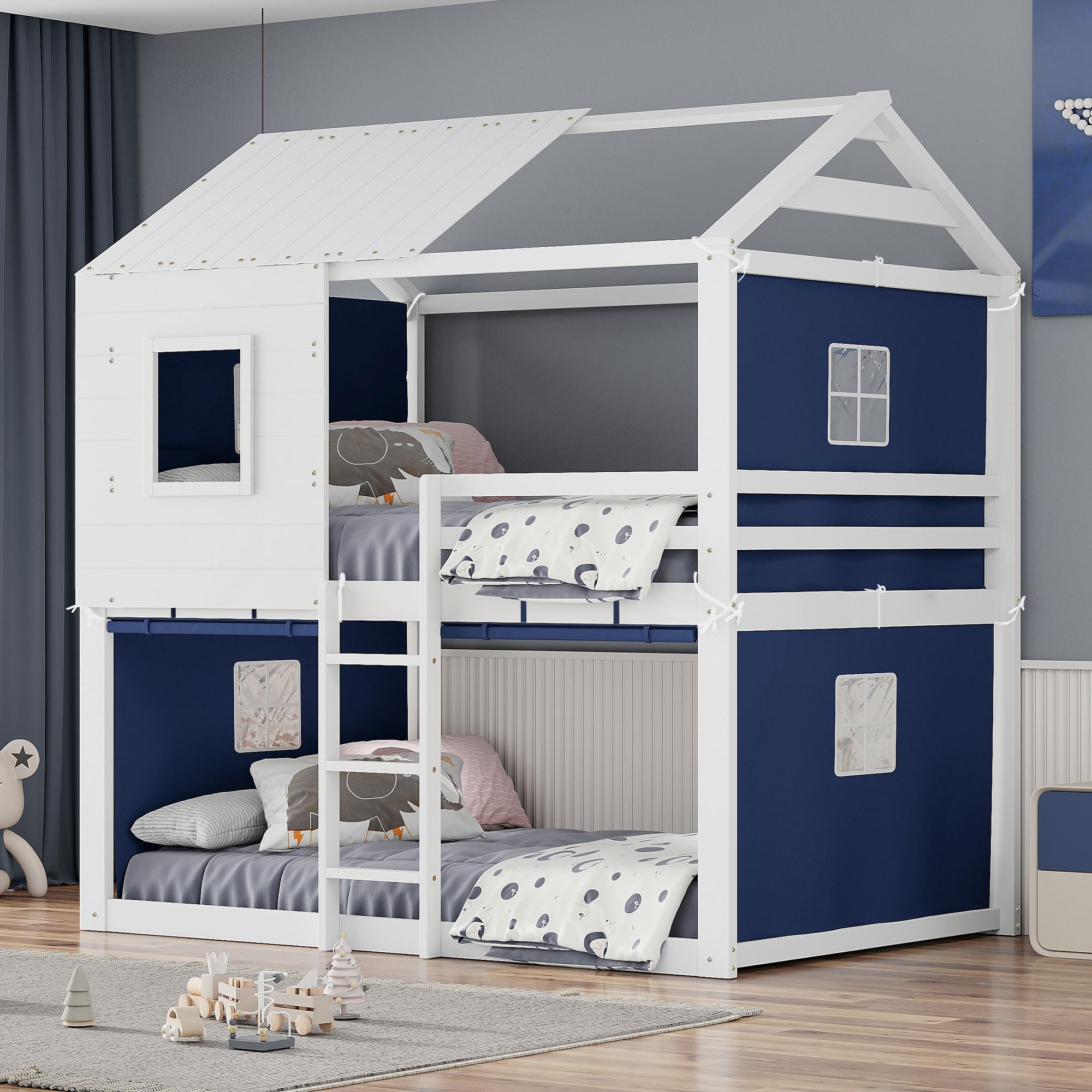Full Over Full Bunk Bed with Tent, Wood Full Size House Bed Frame, Blue+White