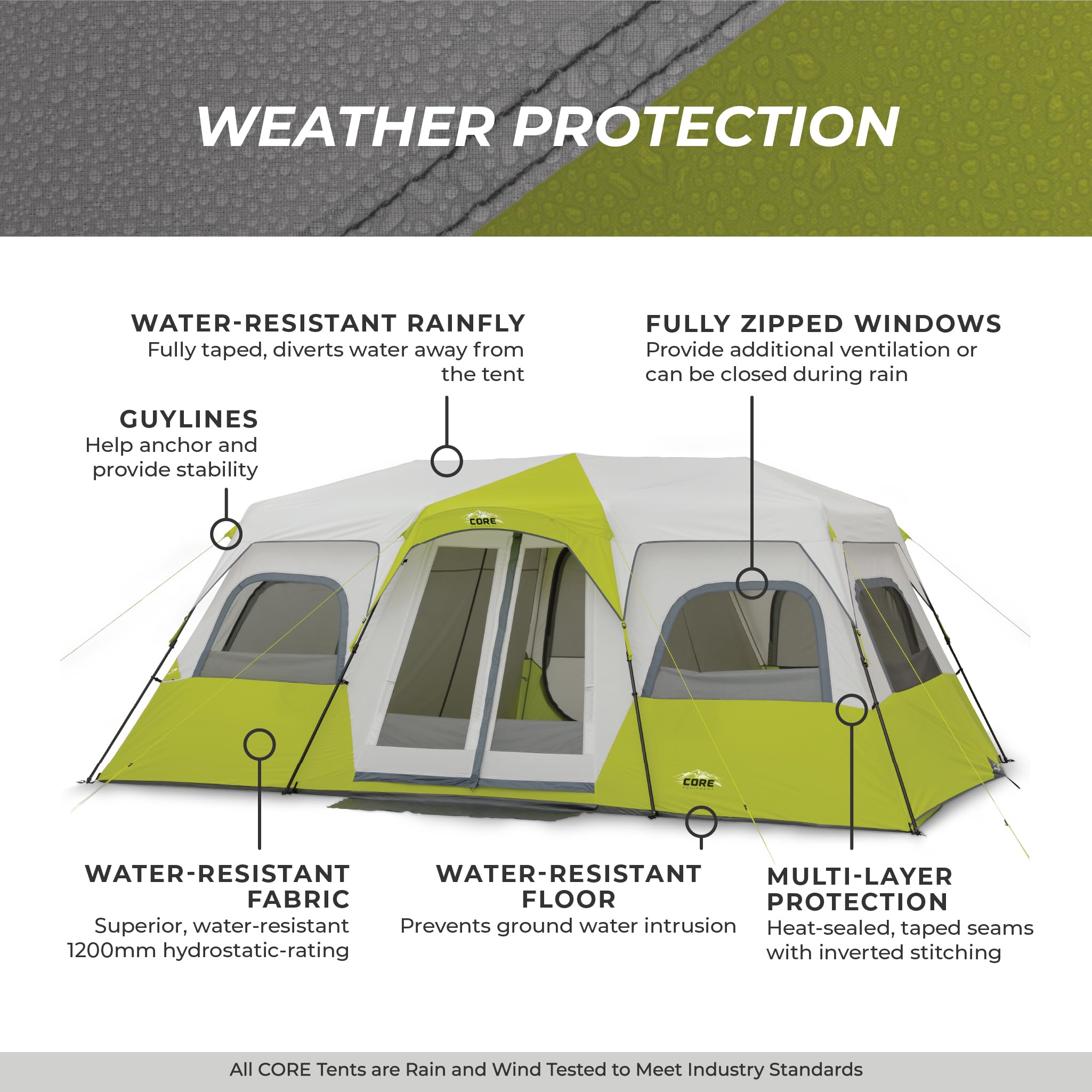 CORE 12 Person Instant Cabin Tent | Large 3 Room Family Pop Up Tent for 2 Minute Camp Setup | Included Storage Pockets for Camping Accessories