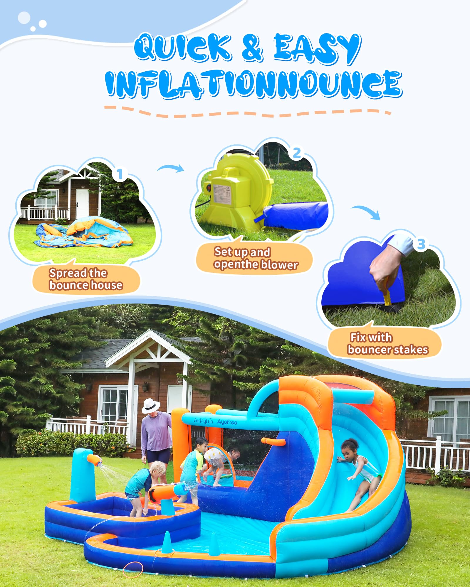 AirMyFun Inflatable Bounce House Water Slide with Curved Slide & Ball Pit Splash Pool - Kids Outdoor/Indoor Water Play Center for Backyard, Birthday Parties - Includes Basketball Hoop & Blower
