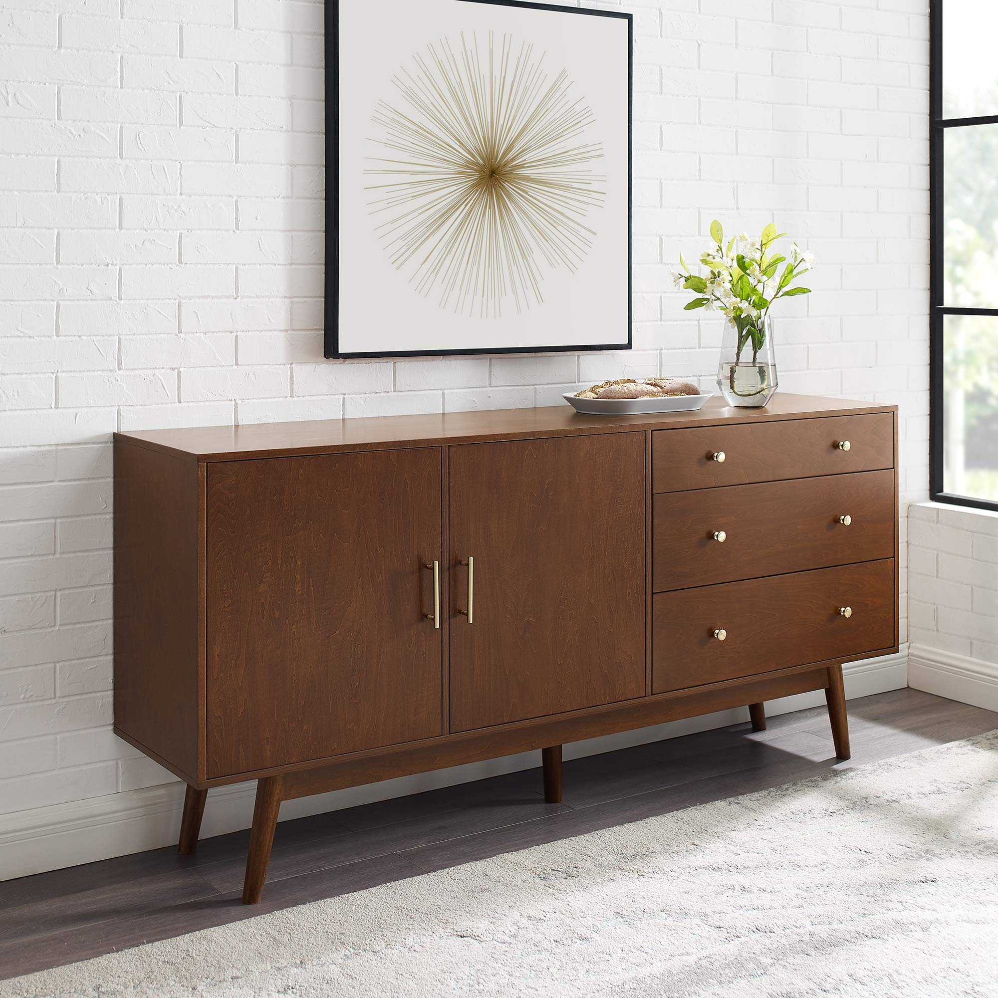 Walker Edison Mid-Century Modern Wood Kitchen Buffet Sideboard Entryway Serving Storage Cabinet Doors Dining Room Console, 70 Inch, Walnut