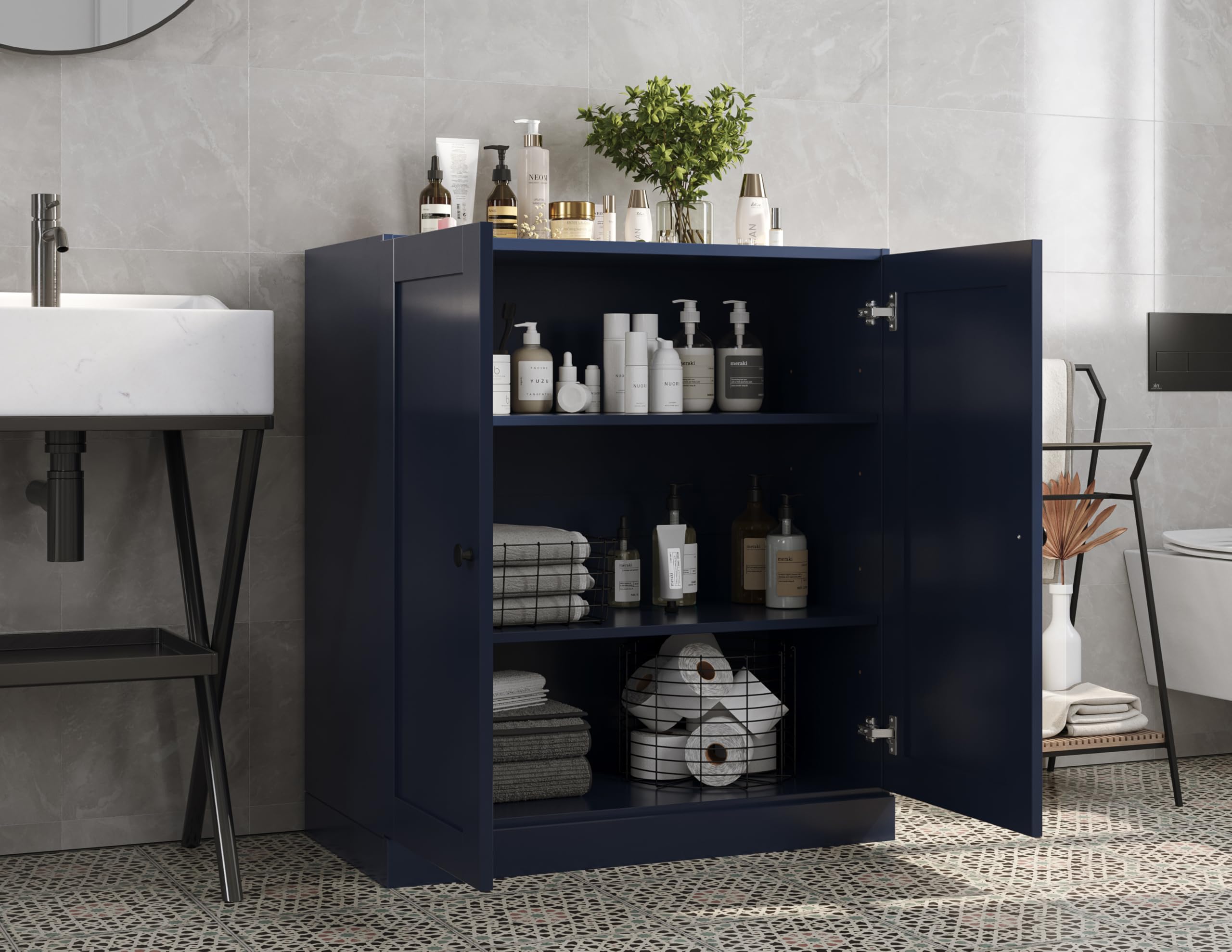 Palace Imports 100% Solid Wood Bathroom Storage Cabinet - 32" Wide - Navy Blue, Small Bathroom Cabinet with 2 Shaker Doors & Adjustable Shelves, 100% Eco-Friendly Wood, Modular Cabinets