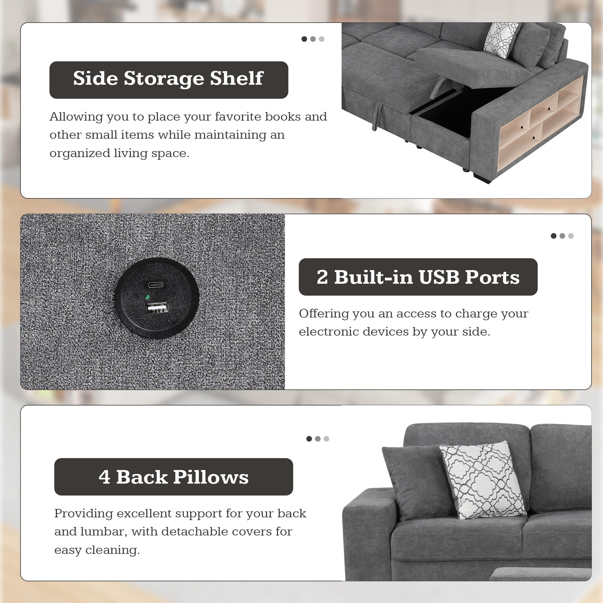 109-Inch U-Shaped Sleeper Sectional Sofa with Pull Out Sleeper Couch Bed for Living Room, Chenille Upholstered U-Shaped Corner Sleeping Sofabed W/Storage Chaise, USB Ports