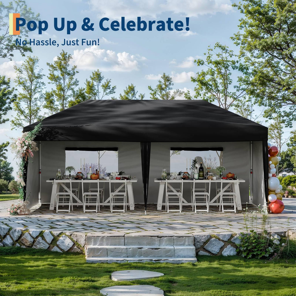 GarveeLife 10x20 Pop Up Canopy with 4 Sidewalls - Heavy Duty Outdoor Canopy Tent with Portable Roller Bag - 3 Adjustable Height, 4 Weight Bags, 8 Stakes & 6 Guy Ropes Included, Black