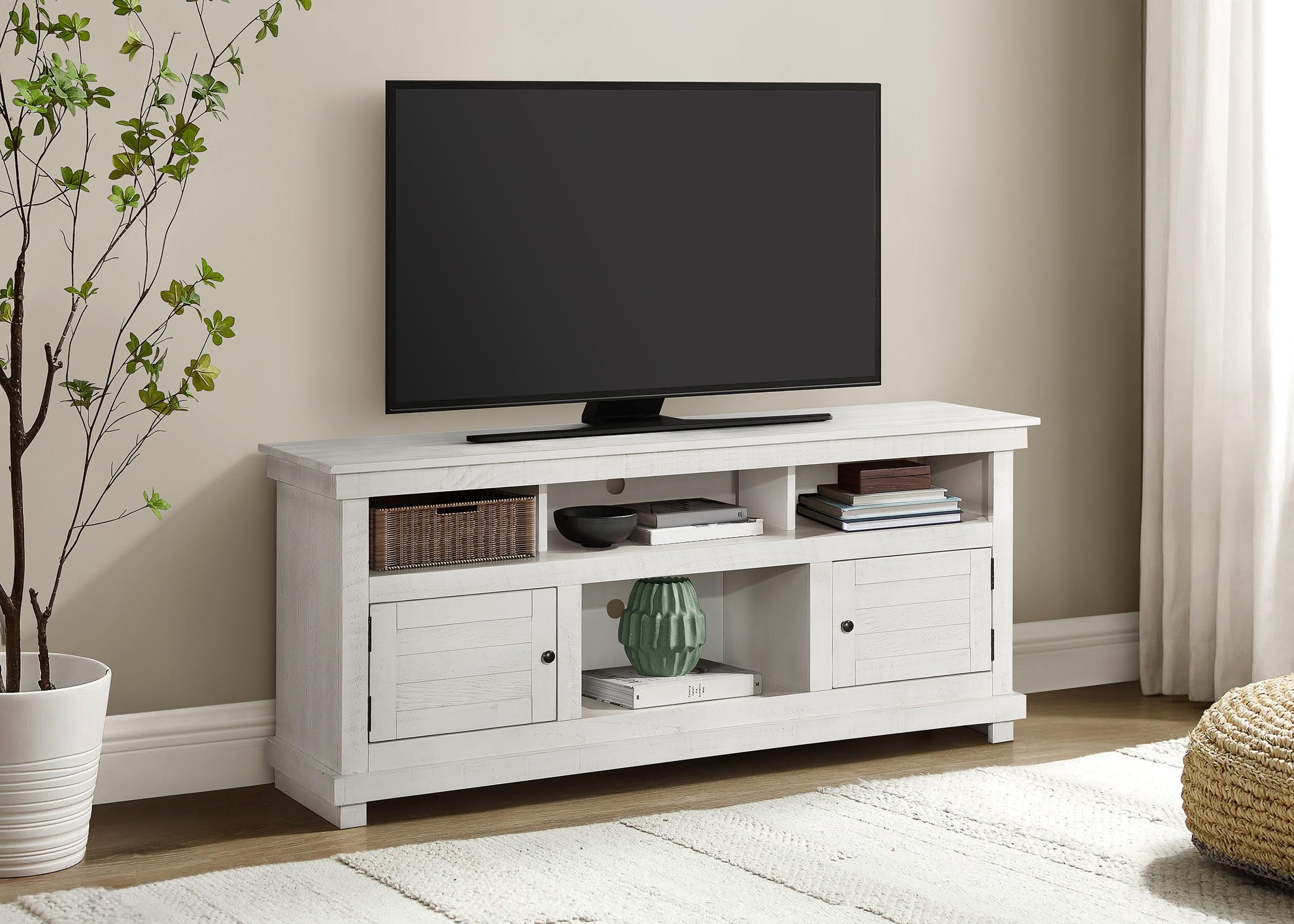 Coaster Home Furnishings - Payne - Wood - TV Stand with Two Door Cabinets, Shelves, Roughhewn Details and Farmhouse Style - Living Room - 60-Inch - Distressed White - 710052