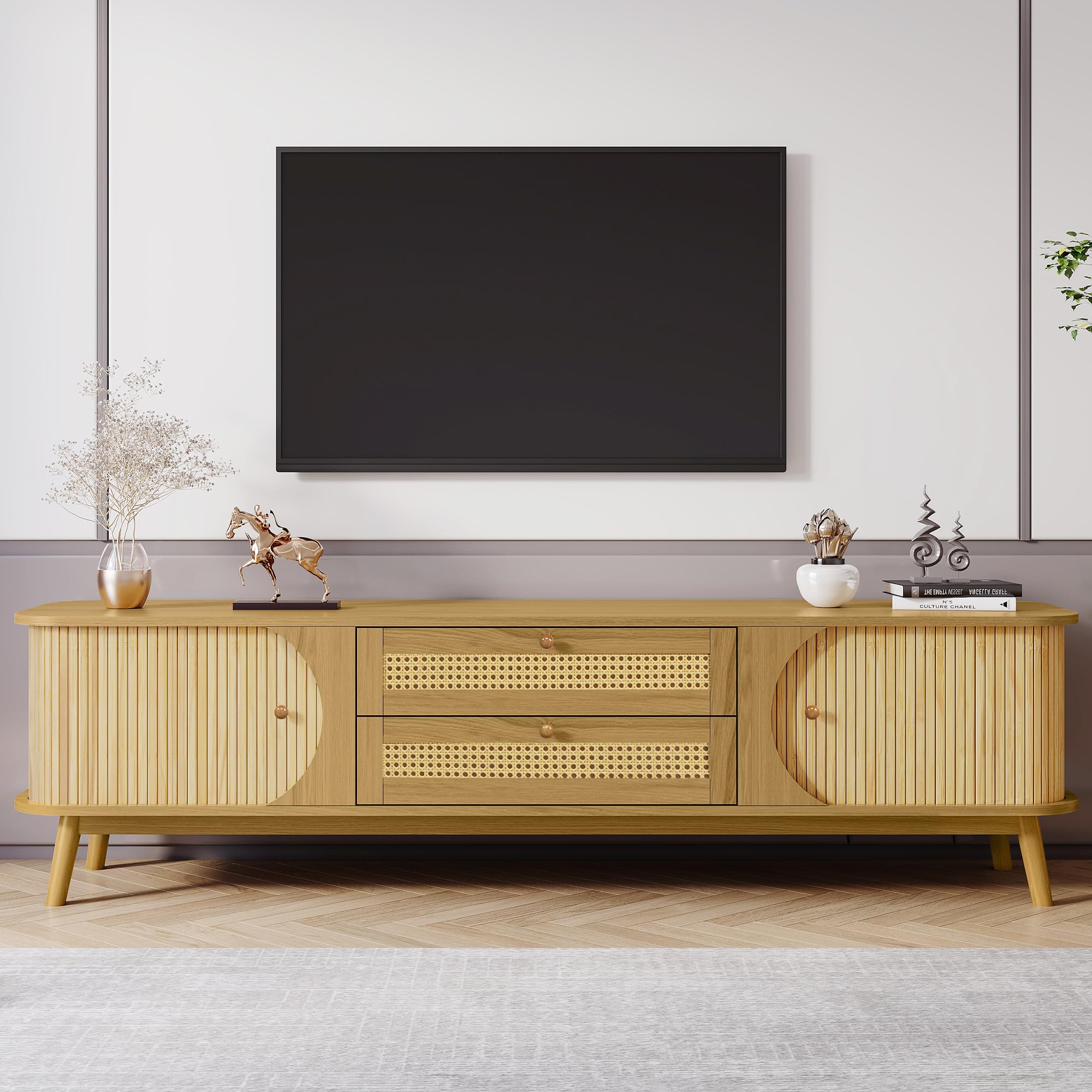 Merax Rattan TV Stand for TVs up to 75", Modern Farmhouse Media Console with Multi-Functional Storage, Boho Entertainment Center with Solid Wood Legs, Television Cabinet for Living Room, Natural+Wood