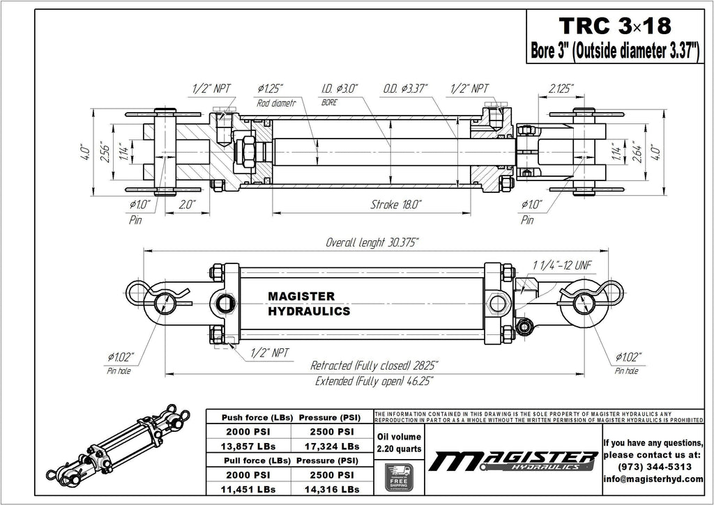 Magister Hydraulics Double Acting Hydraulic Cylinder - AG Tie-Rod Hydraulic Cylinder 2500 PSI Agriculture Standard 3" bore 18" Stroke (3x18)