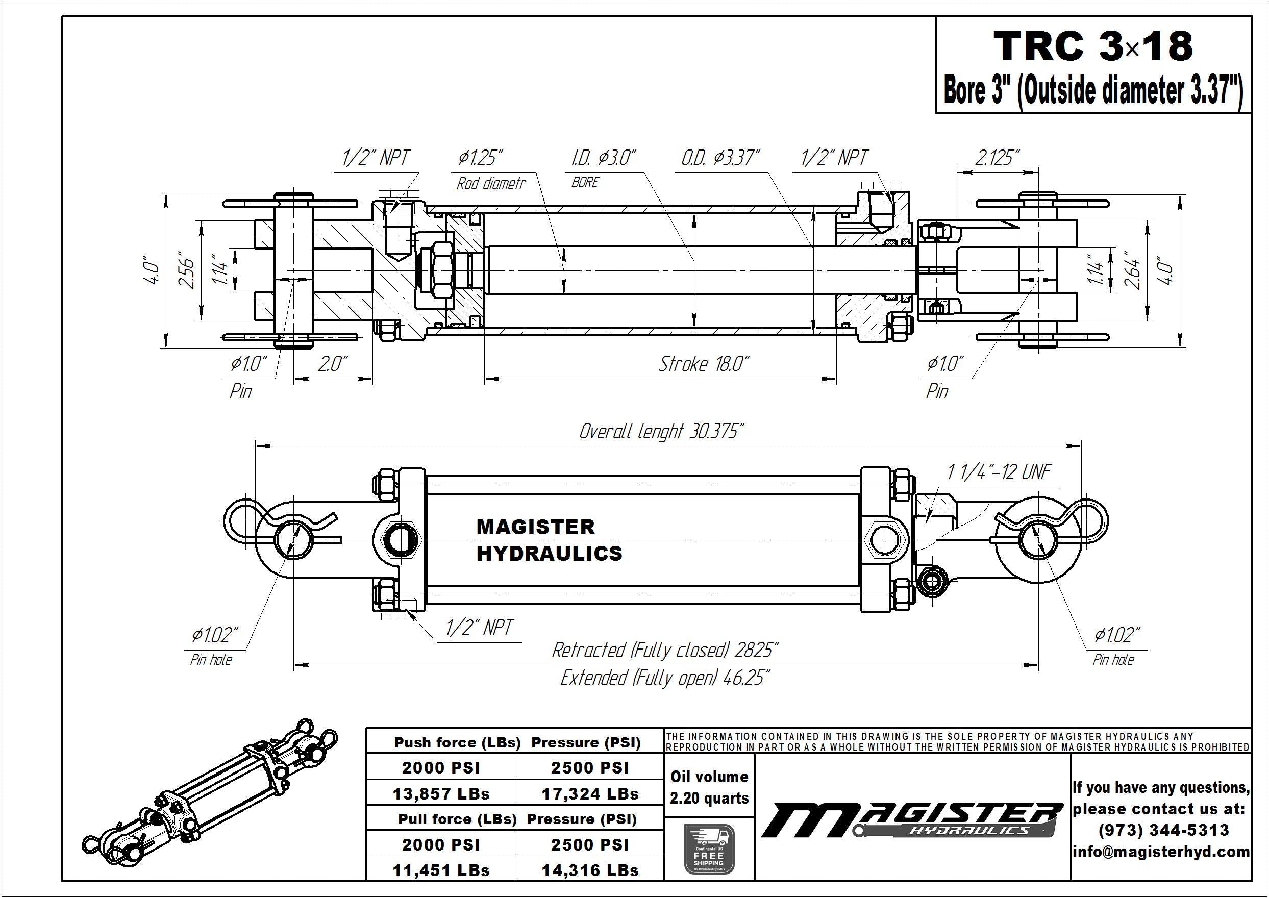 Magister Hydraulics Double Acting Hydraulic Cylinder - AG Tie-Rod Hydraulic Cylinder 2500 PSI Agriculture Standard 3" bore 18" Stroke (3x18)