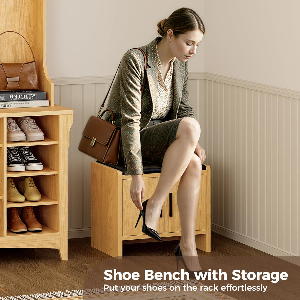 IRONCK Hall Tree with Bench and Shoe Storage, 6-in-1 Entryway Bench with Coat Rack, Adjustable Shelf, Hanging Hooks, 11 Shoe Cubbies, 2-Tier Top Storage, for Entryway, Bedroom, Living Room, Oak