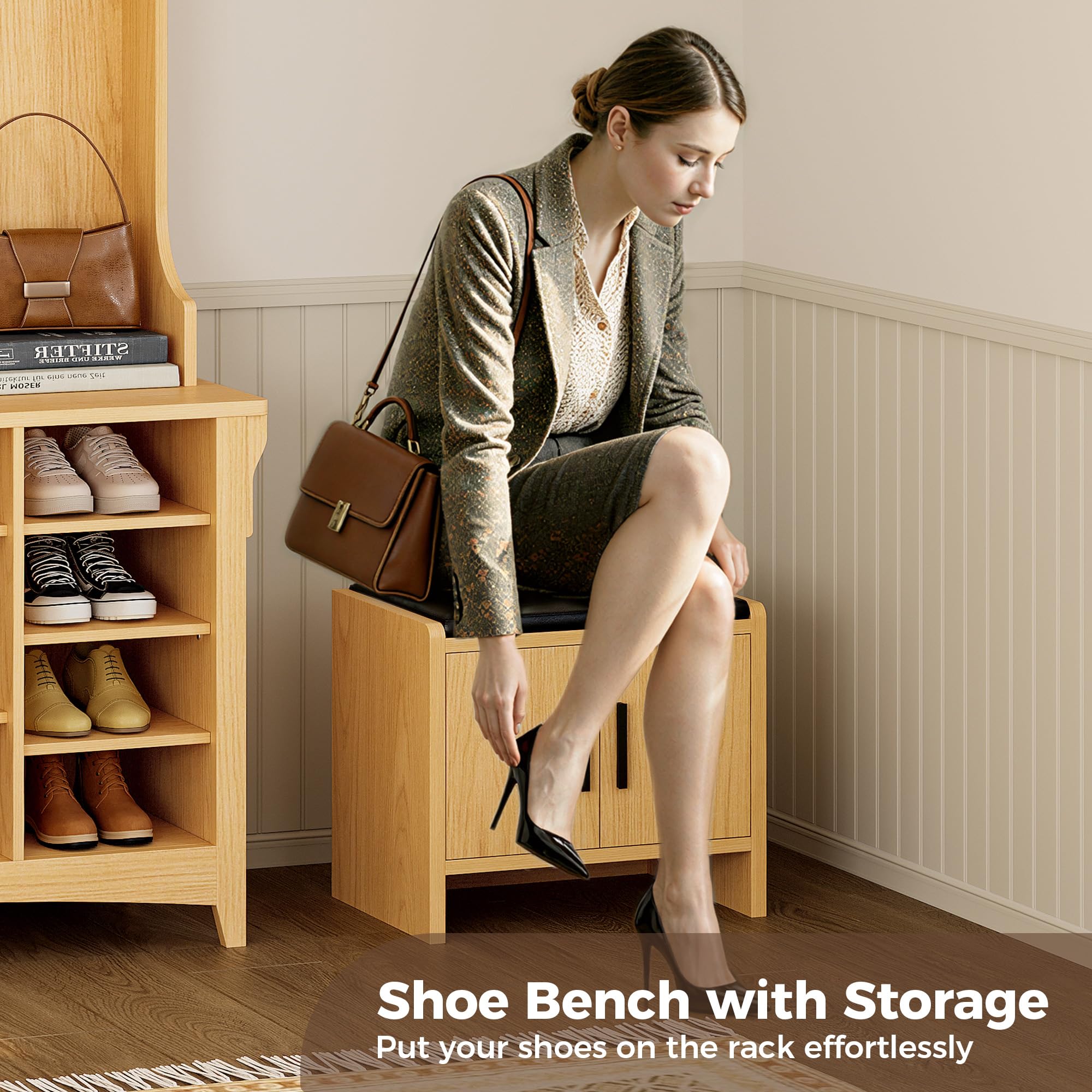 IRONCK Hall Tree with Bench and Shoe Storage, 6-in-1 Entryway Bench with Coat Rack, Adjustable Shelf, Hanging Hooks, 11 Shoe Cubbies, 2-Tier Top Storage, for Entryway, Bedroom, Living Room, Oak