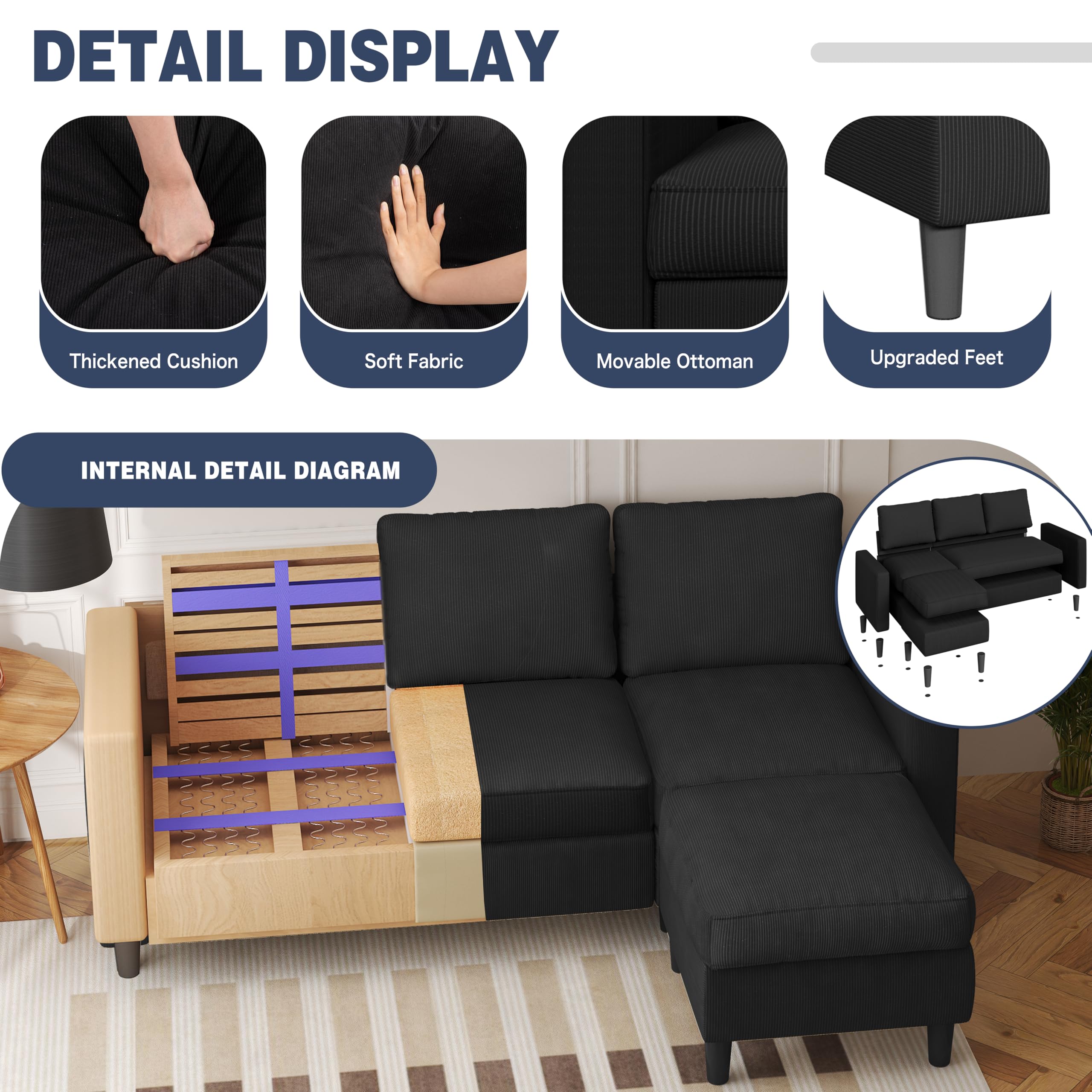 Shintenchi L Shaped Sectional Sofa Couch,Convertible Modular Sofas with Movable Ottoman,3-Seat Upholstered Corduroy Couch,Small Couches for Living Room,Apartment,Office(Black)