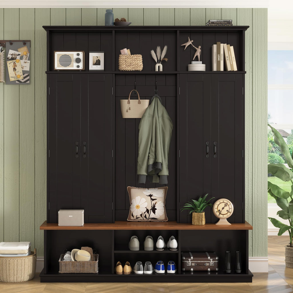 SYMCAVE Hall Tree with Bench and Shoe Storage,Shoe and Coat Rack with Drawer and Hooks,Farmhouse Furniture for Entryway,Mudroom,Living Room,Black (Black, 62.2" W)