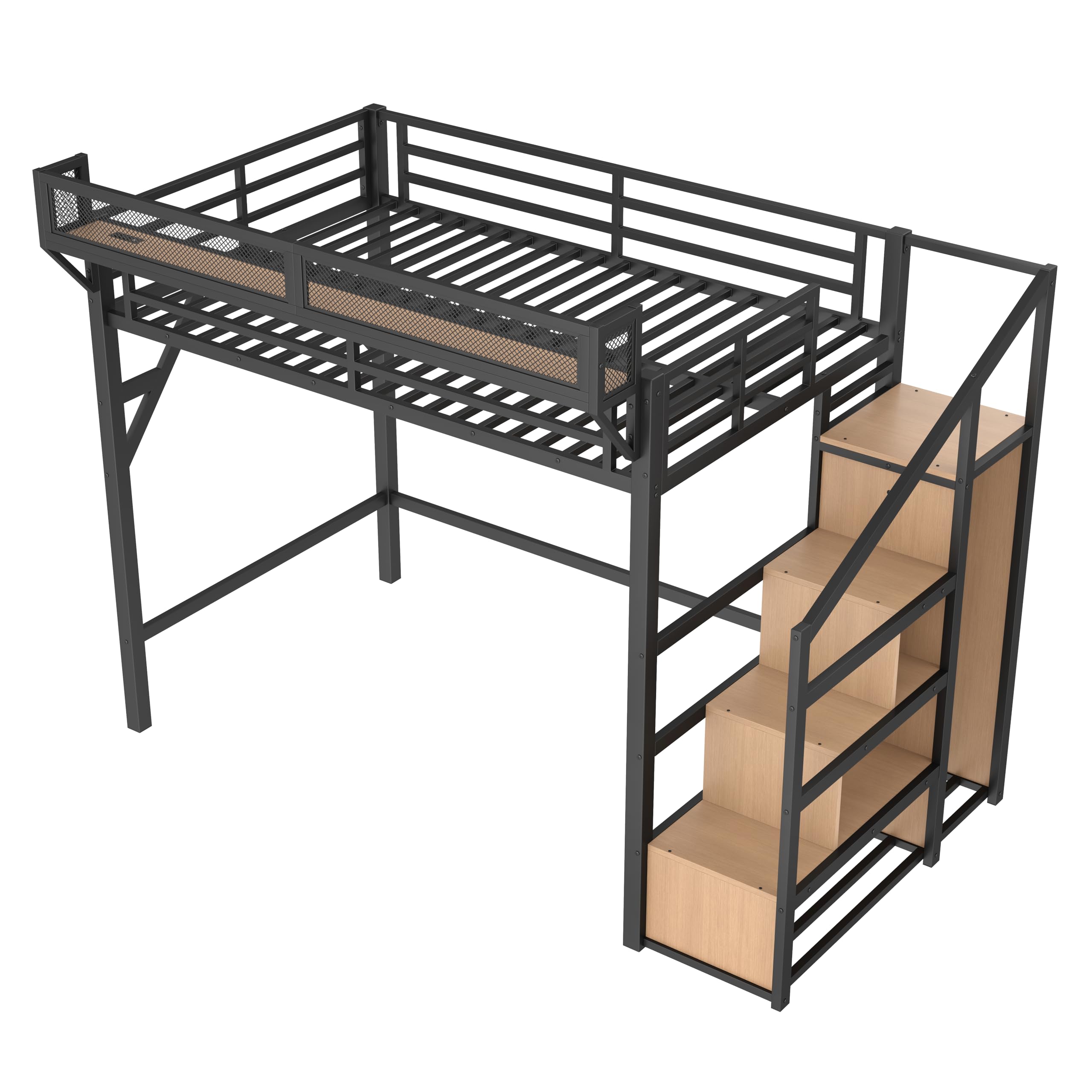KEIKI Queen Loft Bed with Storage Stairs for Adults，Heavy Duty Bunk Beds with Shelves, Wardrobe, Metal Bedframe with USB Ports for Bedroom, Natural