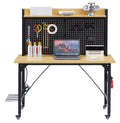 KEIKI 48 Inch Adjustable Workbench with Pegboard and Outlets, Heavy Duty Rolling Work Bench with Wheels, Wooden Desktop Shelf Hooks, 2000 lbs Capacity for Garage Workshop Home, Yellow Black