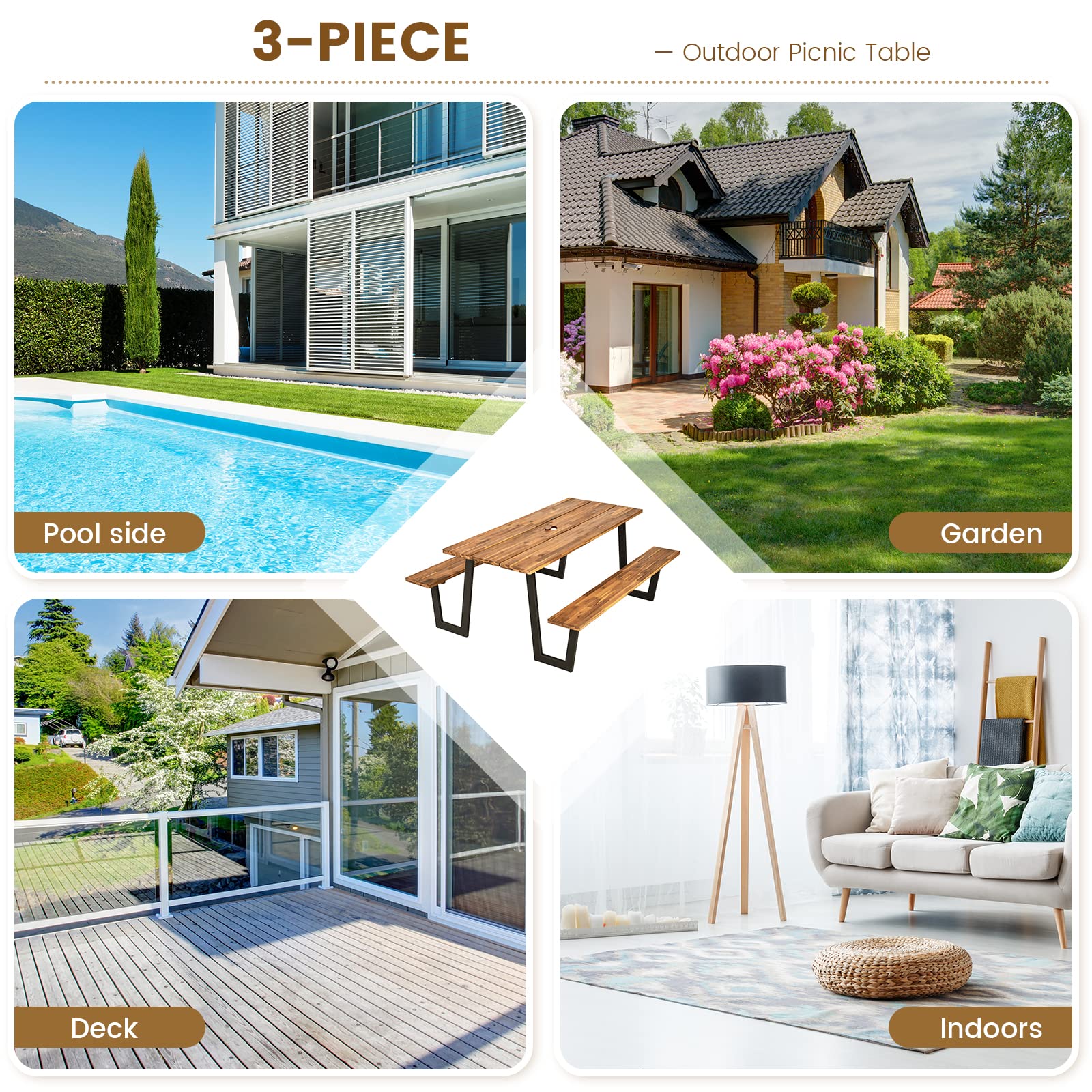 HOMGX Picnic Table, 6 Ft Dining Table with 2 Umbrella Hole, Table Bench Set with Heavy-Duty Metal Frame, Acacia Wood Picnic Table for Outdoor, 6-8 Person, Patio, Lawn, Party, Garden, Natural & Black