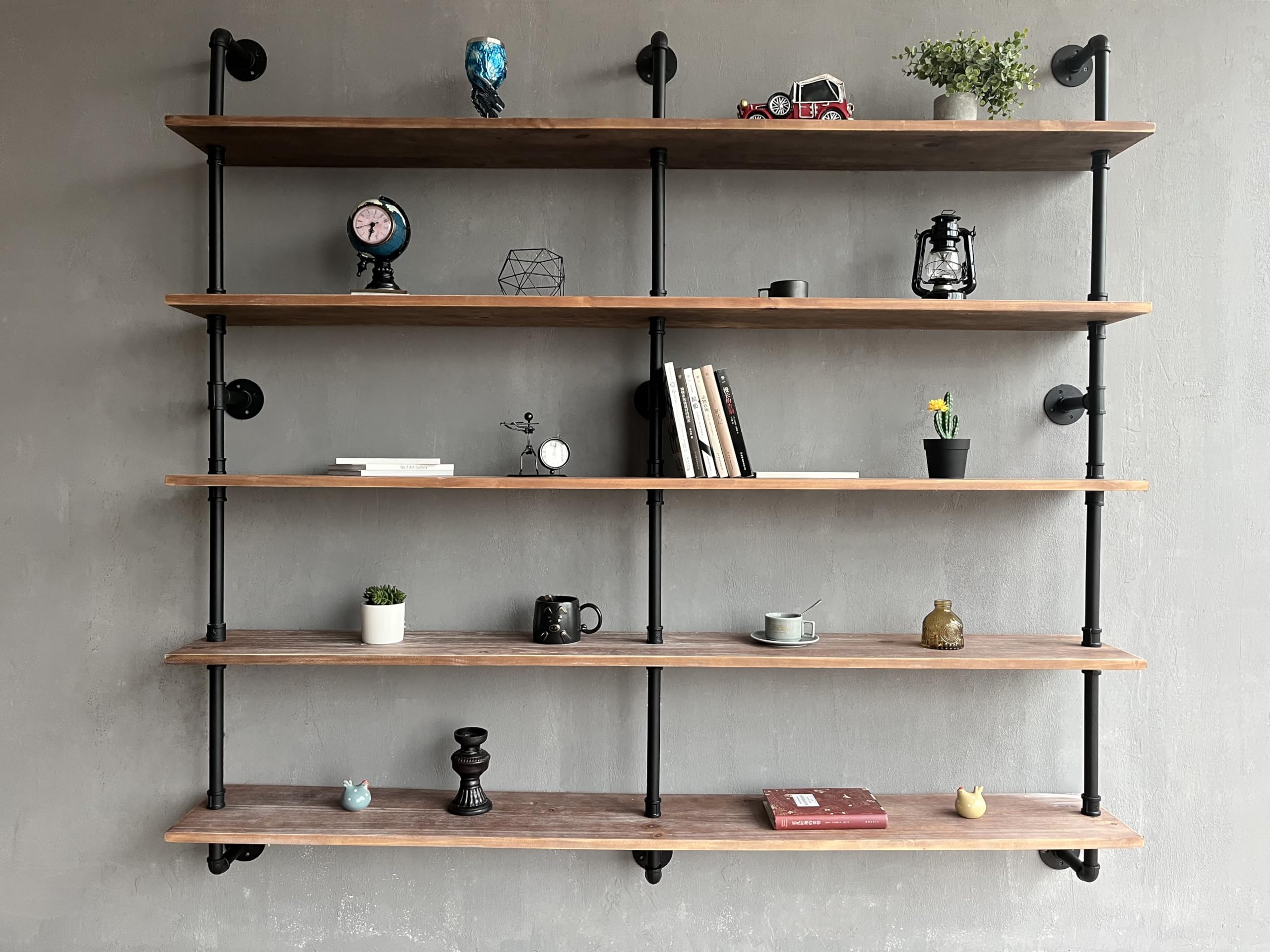 HDDFER Industrial Pipe Shelf Shelving Bookcase, Wall Mounted Rustic Bookshelf 60 Inch, Floating Bookshelves for Wall,Retro Wood Metal Pipe Industrial Shelves for Living Room