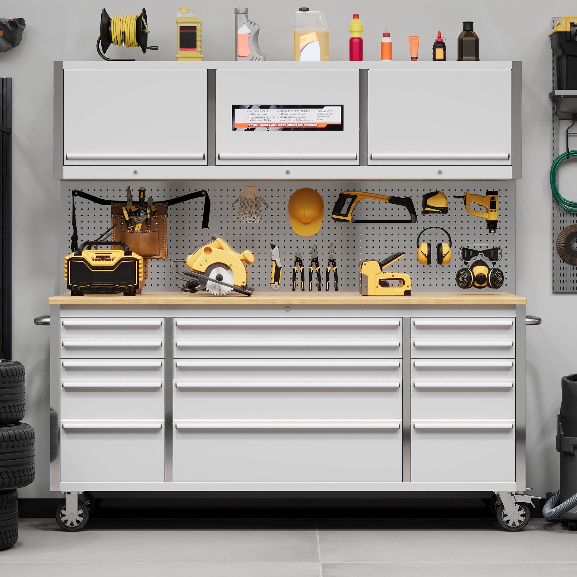 Heavy Duty 61" Tool Chest Cabinet, Mobile Garage Workbench with 15Drawers and Power Strip, Rubber Wood Worktop, 1675 LBS Load, Rolling Tool Storage Organizer for Mechanic, Shop or Home Use
