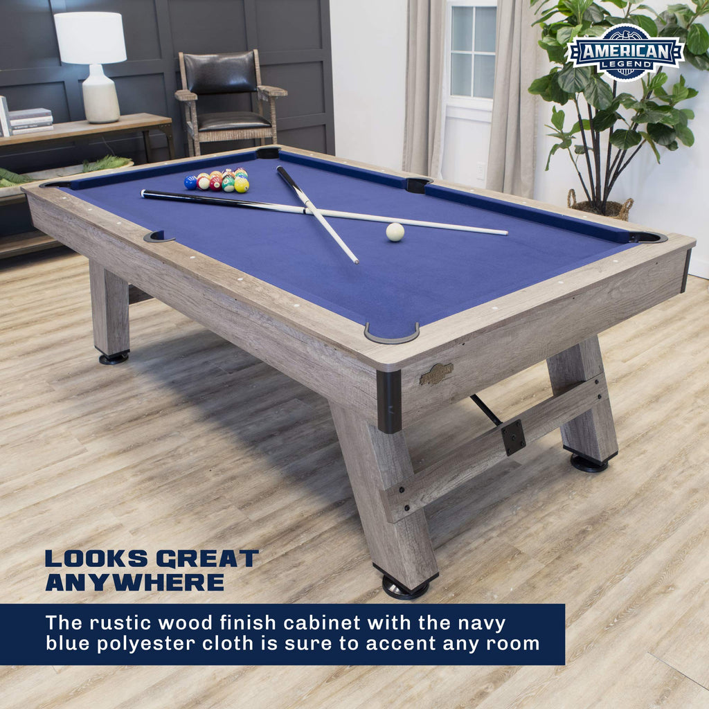 American Legend Brookdale 90” Billiard Table with Rustic Wood Finish and Navy Blue Cloth