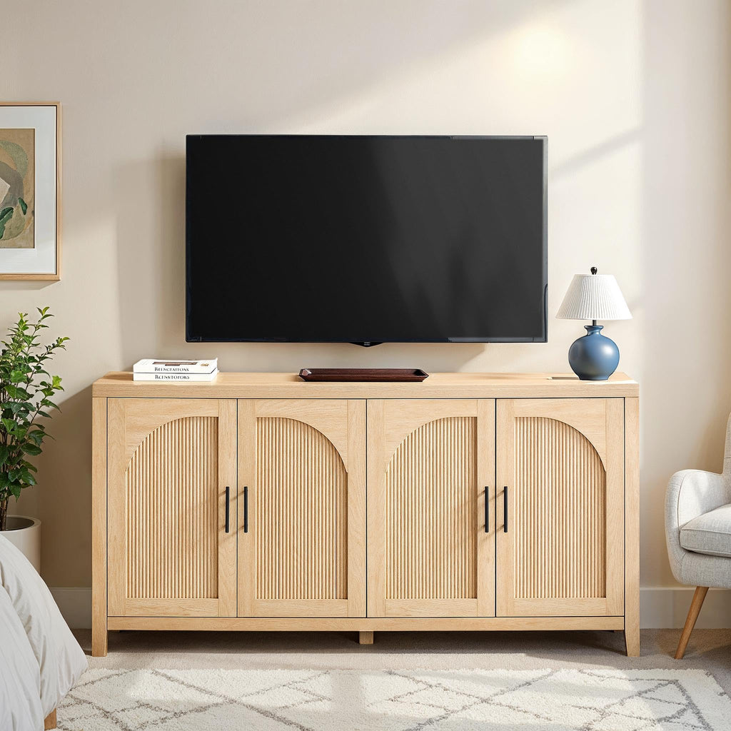 Walker Edison Sasha 4-Door Reeded Sideboard Buffet with Cord Management, 60 Inch, Coastal Oak