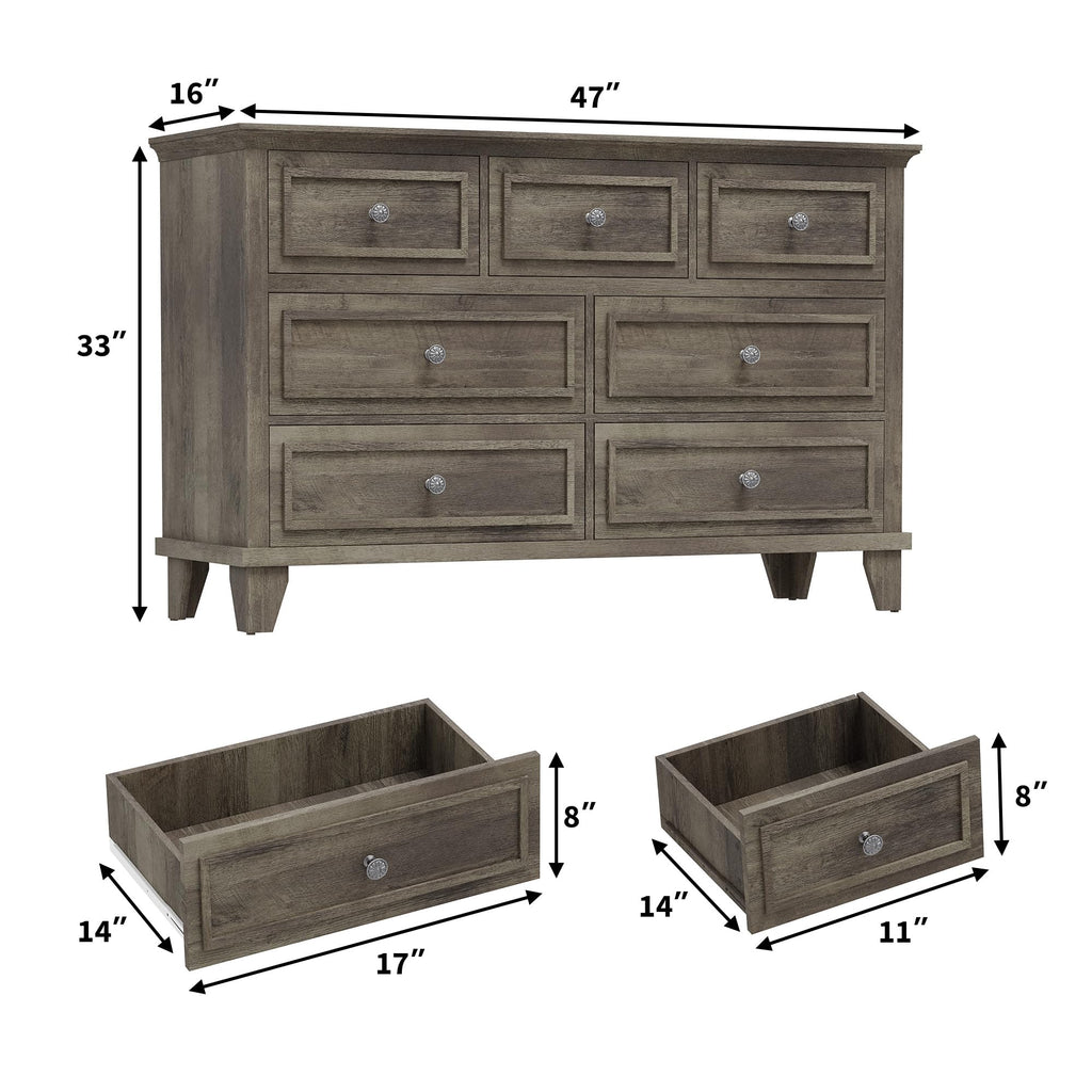 IDEALHOUSE 7 Drawer Dresser, Large Wooden Storage Chest of Drawers with Exquisite Metal Handles, 47" Wide Dresser TV Stand, Drawer Organizer for Bedroom, Living Room, Hallway, Entryway, Grey