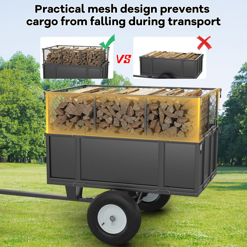 17 Cu.ft Heavy-Duty Steel Dump Trailer Cart, 750 Lb Capacity Tow-Behind Utility Trailer with Removable Mesh Sides & Pneumatic Tires for ATV, UTV, Lawn Tractor, Yard & Farm Hauling, Black