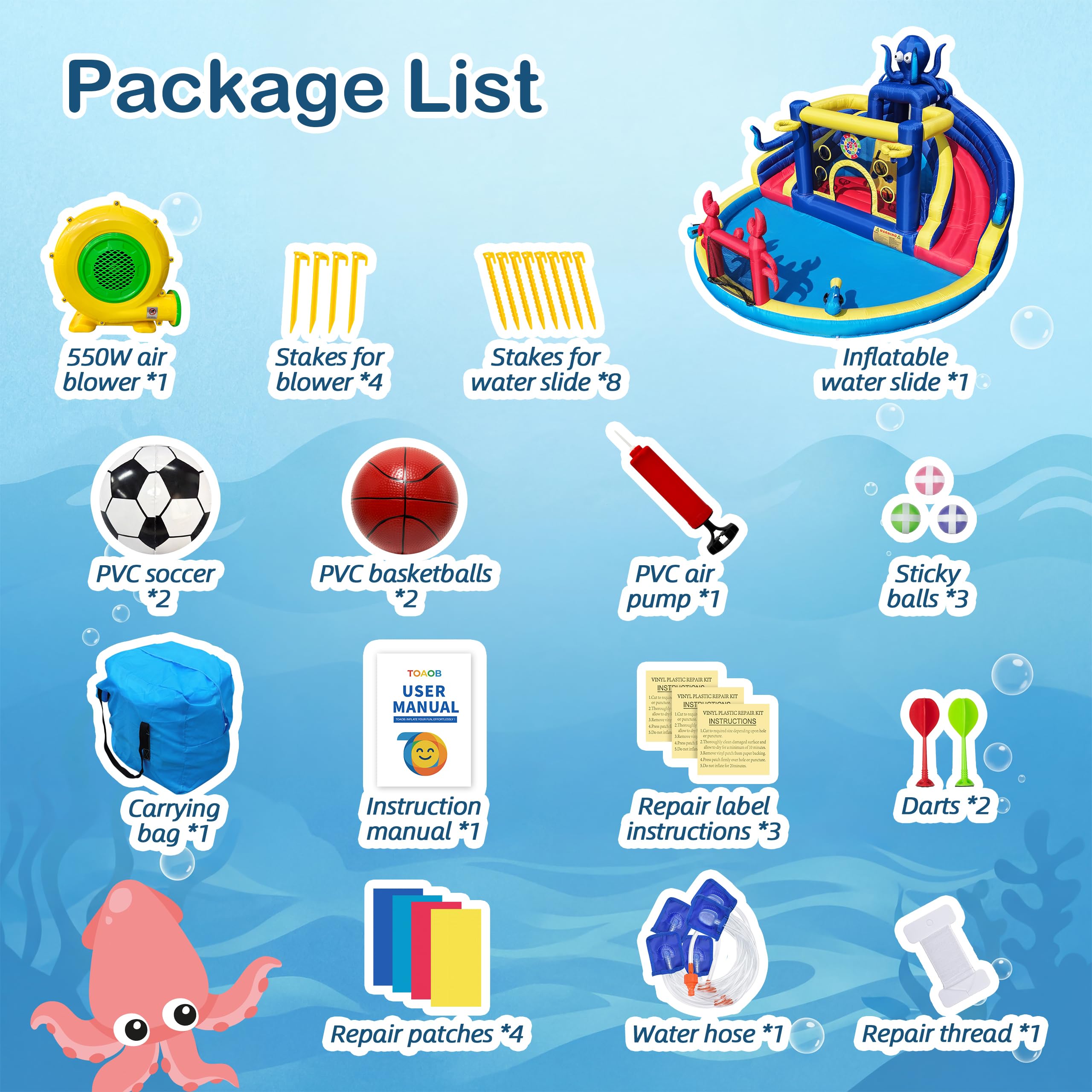 TOAOB Inflatable Water Slide for Kids 3-12: Blow Up Backyard Water Park with 550W Blower- 8 in 1 Octopus-Themed with 2 Slides for Outdoor Birthday Party