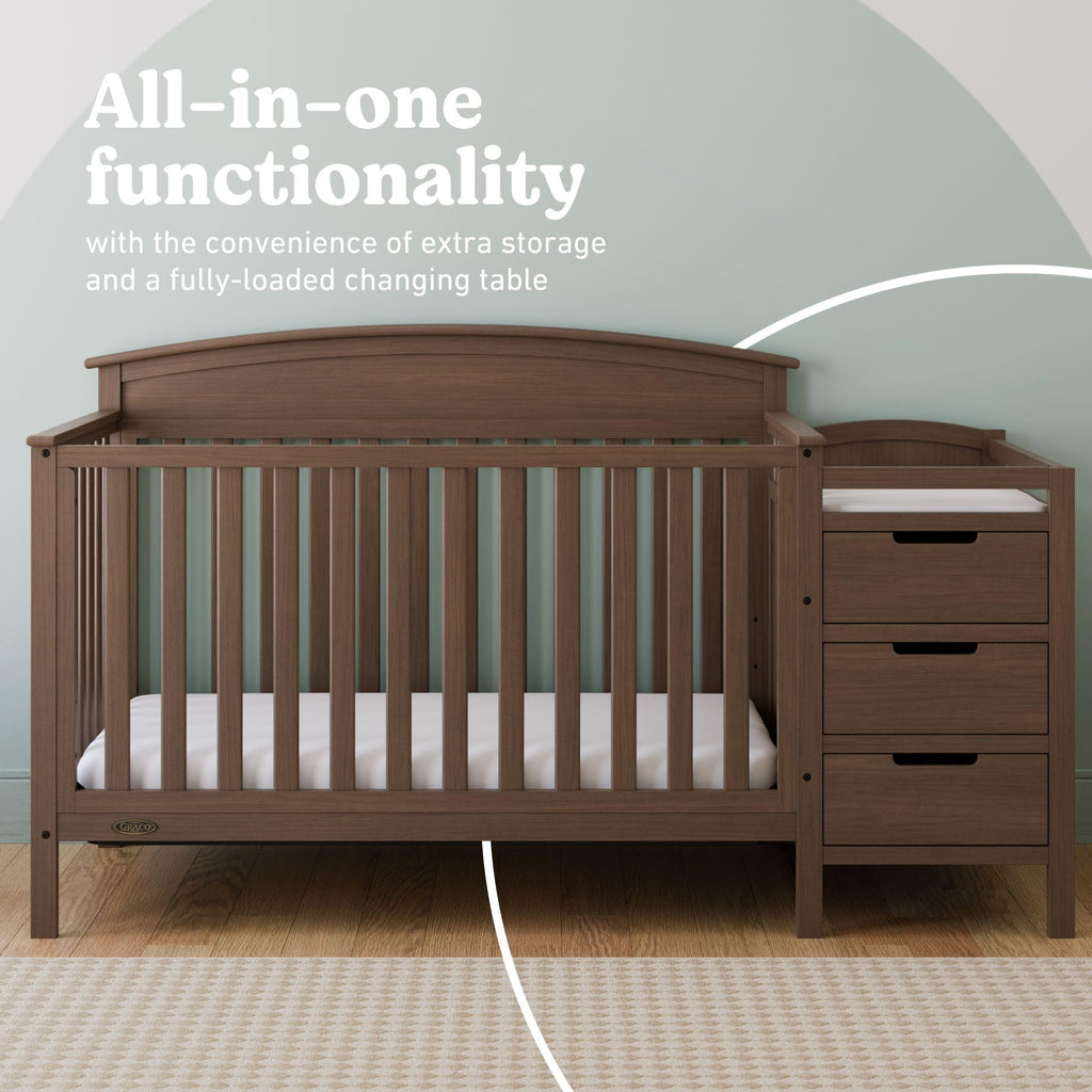 Graco Benton 4-in-1 Convertible Crib and Changer – GREENGUARD Gold Certified, Crib & Changing Table Combo, Water-Resistant Changing Pad, Converts to Toddler Bed, Daybed and Full-Size Bed (Hazelnut)