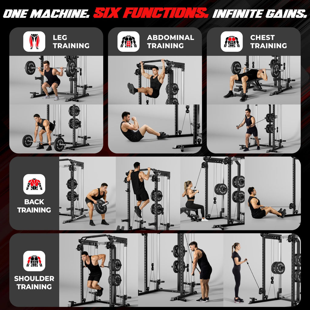 JELENS C21 Power Cage, 2000LBS Multi-Function Power Rack with Independent Dual Pulley System, All-in-One Squat Rack for Cable Crossover, Home Gym Workout Machine (Black, C21 Power Cage)