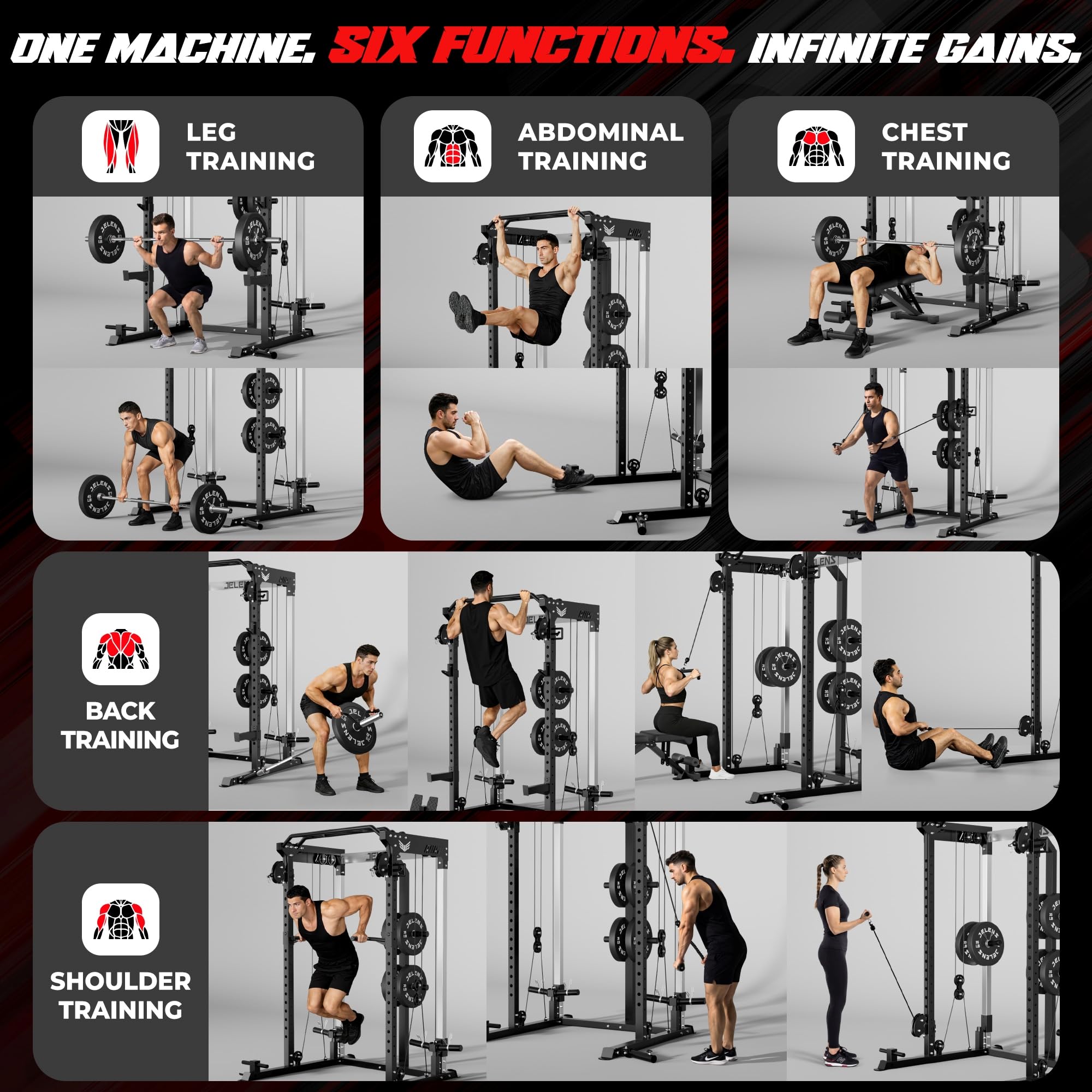 JELENS C21 Power Cage, 2000LBS Multi-Function Power Rack with Independent Dual Pulley System, All-in-One Squat Rack for Cable Crossover, Home Gym Workout Machine (Black, C21 Power Cage)