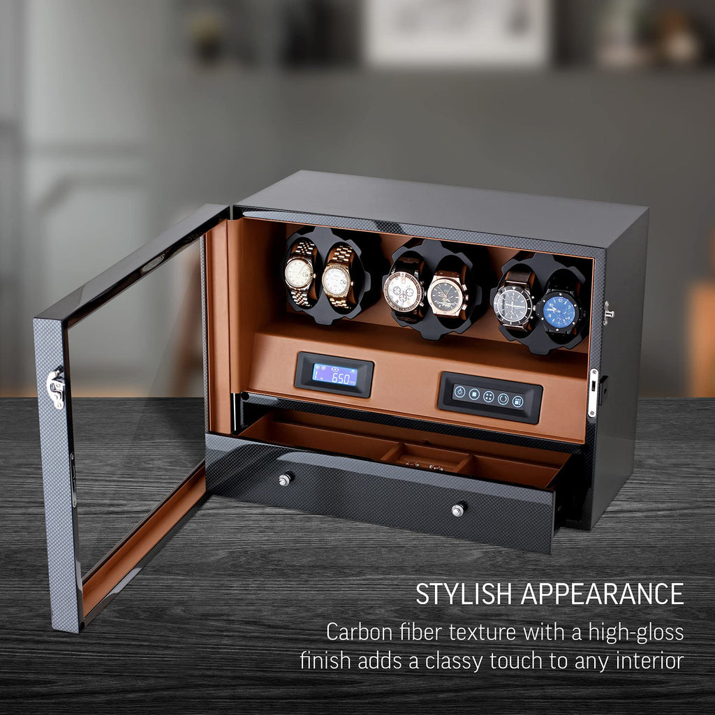 Automatic Watch Winder with 6 Storage Slots, LED Light and Automatic Motor-Stop Option
