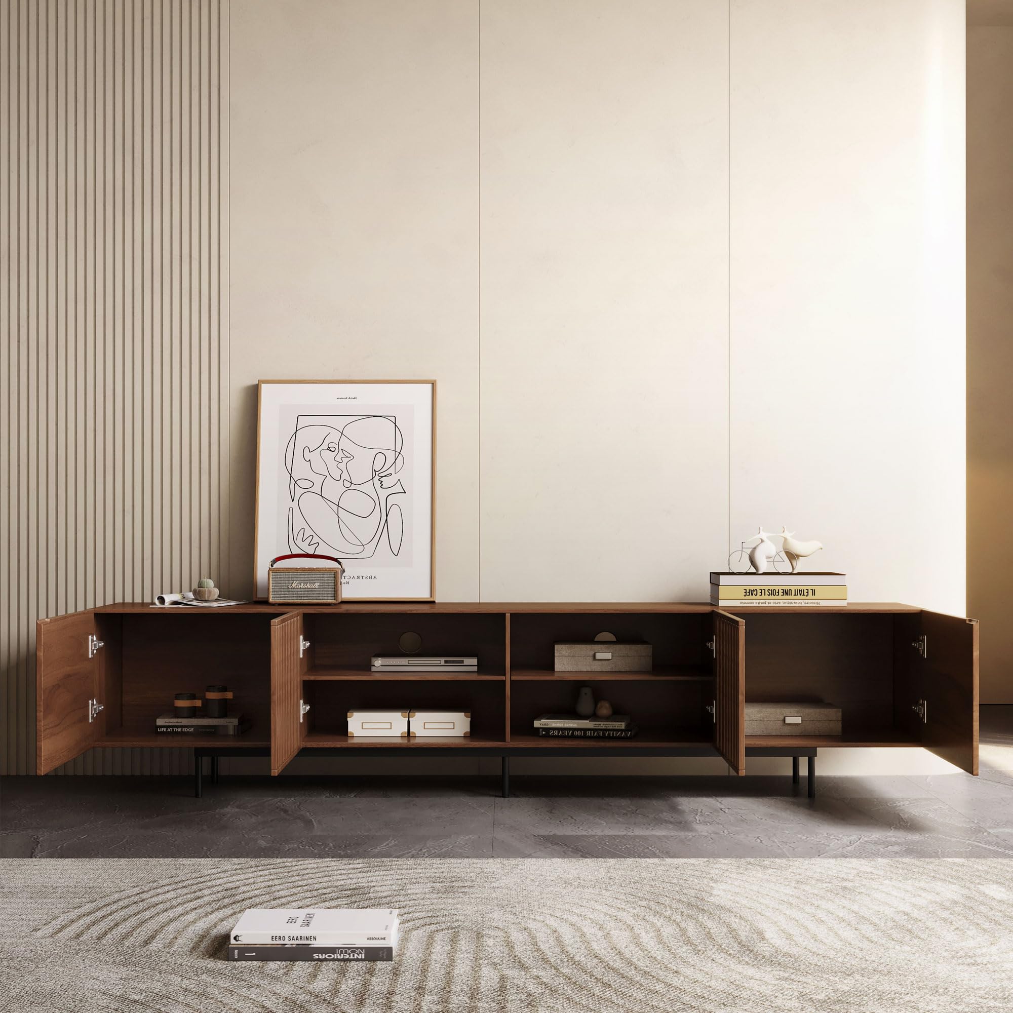NessCarsti Mid Century Modern TV Stand for 80+ Inch TVs, 94.48" Walnut Console with Ample Storage – Stylish Entertainment Center for Living Room or Bedroom