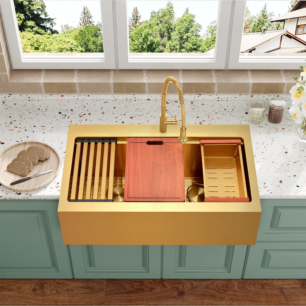 Gold Double Bowls Kitchen Sink, 33" x 22" Drop In Kitchen Sink, 50/50 Double Bowls Farm Sink, 16 Gauge Stainless Steel Workstation Sink, 33 inch Top Mount Deep Double Sinks