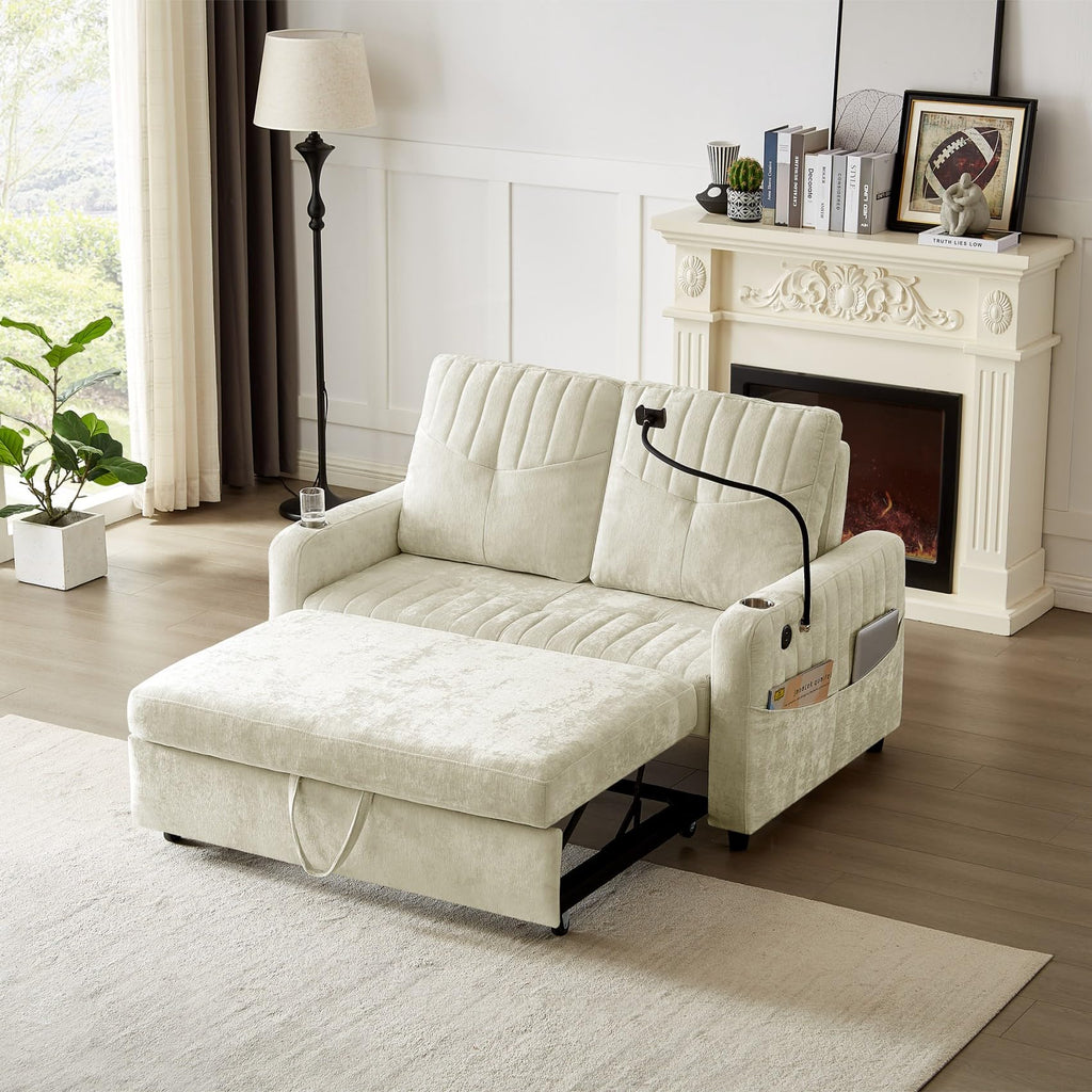 Merax Chenille 3-in-1 Pull Out Sleeper Sofa Bed Couch, 54" Convertible Futon Loveseat with Adjustable Backrest, 2 Cup Holders, Phone Stand, 3 Charging Ports and Storage Pockets for Living Room, Beige