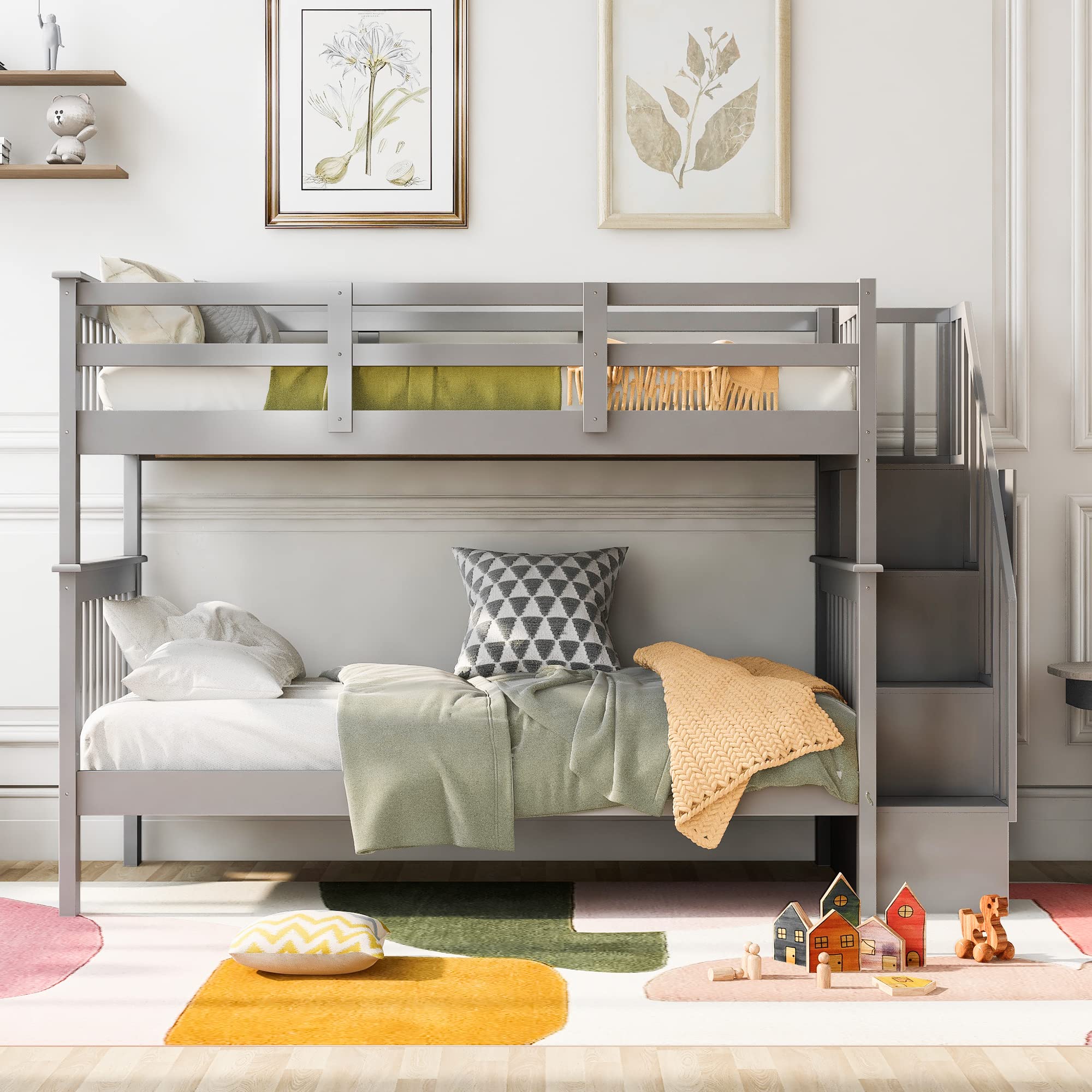 Ball & Cast Twin-Over-Twin Bunk Bed with Storage Ladder and Full-Length Guard Rail,Wood Bunkbed w/Slat Support,Space Saving,Bedframe Furniture for Student Dorms,Studio,Gray