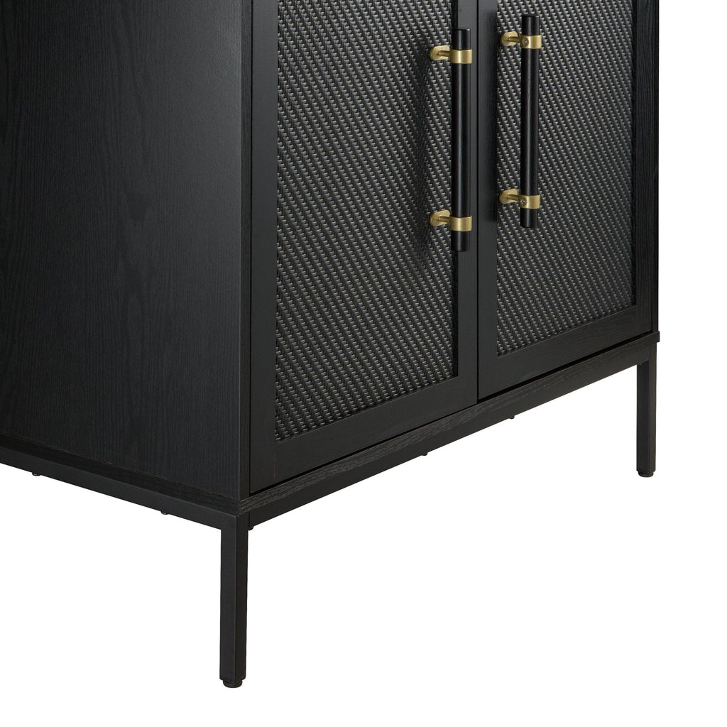 Hopper Studio Sophia 2-Door Accent Cabinet, Black Finish with Rattan Doors & Wood/Brass Handles, Adjustable Shelf, Aluminum Legs, Mid-Century Modern Storage for Luxury Living Room, Kitchen, Entryway