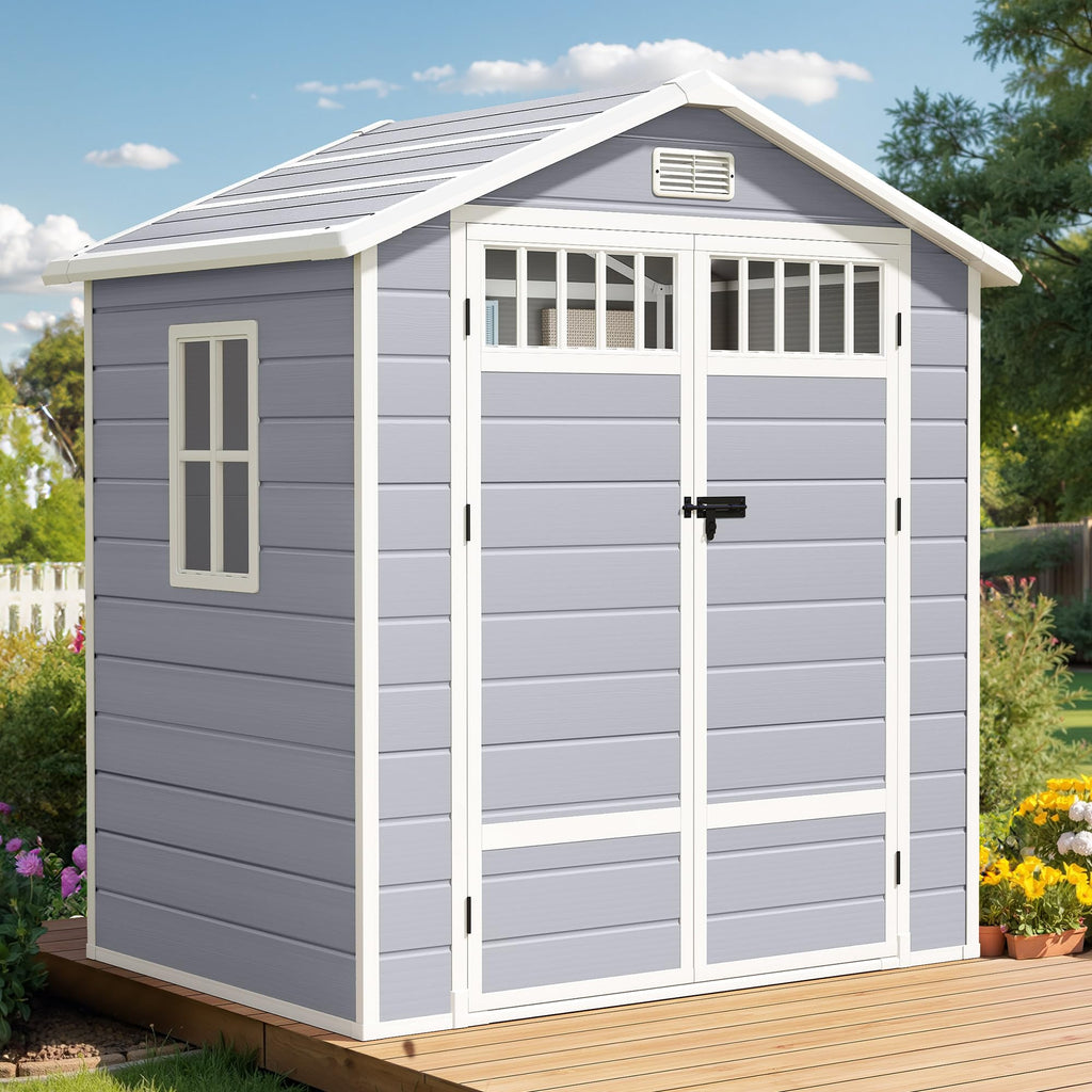DWVO 6x4.4 FT Resin Storage Shed with Fence-Style and Side Windows, Lockable Door, and Vents for Garden, Backyard, Patio, Lawn, Gray