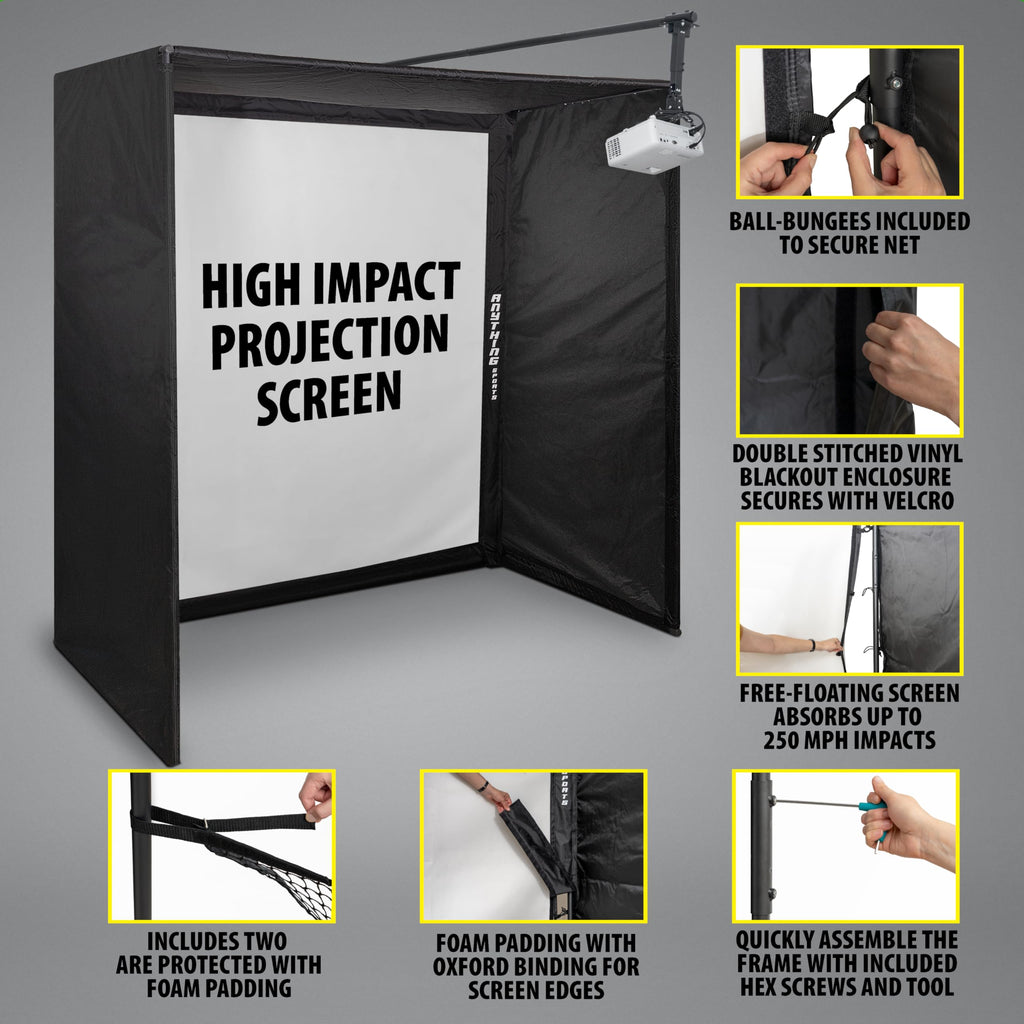Complete Golf Simulator Enclosure Package – 4K-Ready Impact Screen with Blackout Cage, Projector Mount, Frame Poles, Side Shank Nets | Indoor & Garage Practice | Easy Setup | 12-Month Warranty