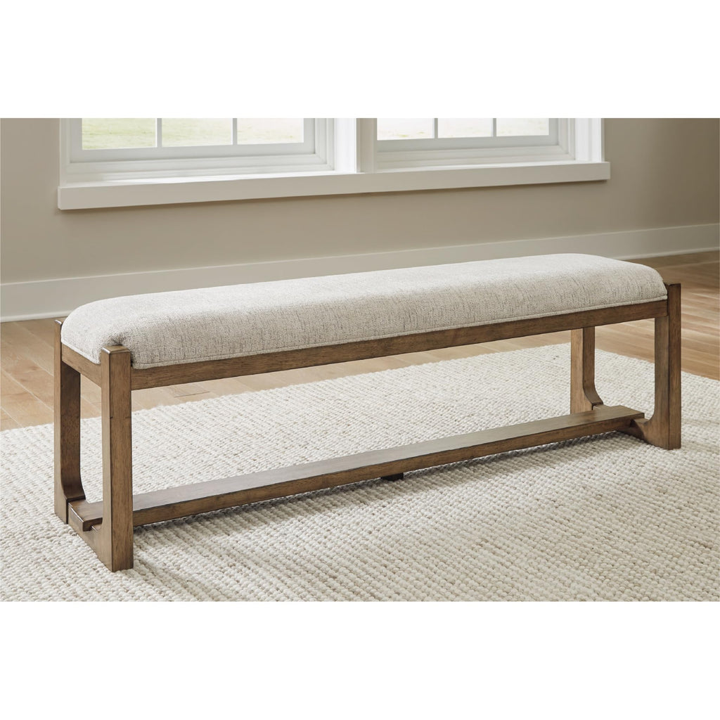 Signature Design by Ashley Cabalynn Farmhouse Upholstered Dining Bench, Foam Cushion, Hardwood Solids, 63.5" W x 16.5" D x 19.75" H, Beige & Light Brown