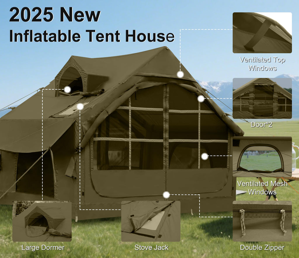 Inflatable Tents for Camping with Skylight, 4/6 Person Easy Setup Blow Up Tents for 4 Seasons Waterproof Inflatable Camping Tent with Awning, Air House Glamping Tents for Camping Adult