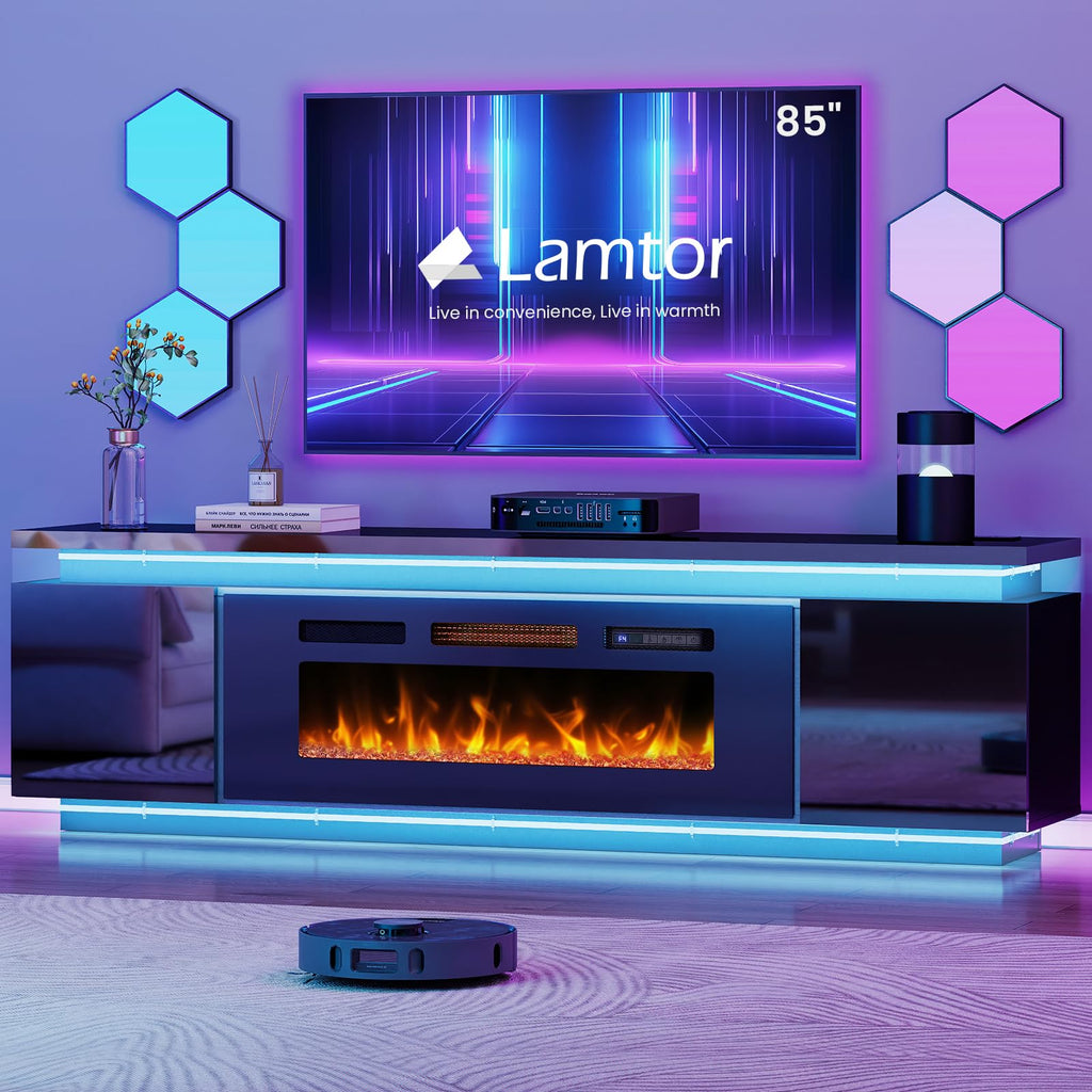 Lamtor Fireplace TV-Stand with 40" Fireplace - 2 LED Light TV-Stand for 85 inch TVs - Entertainment Center with 4 AC Power Outlets - 2 Tier TV Consoles Stand for Living Room, Black