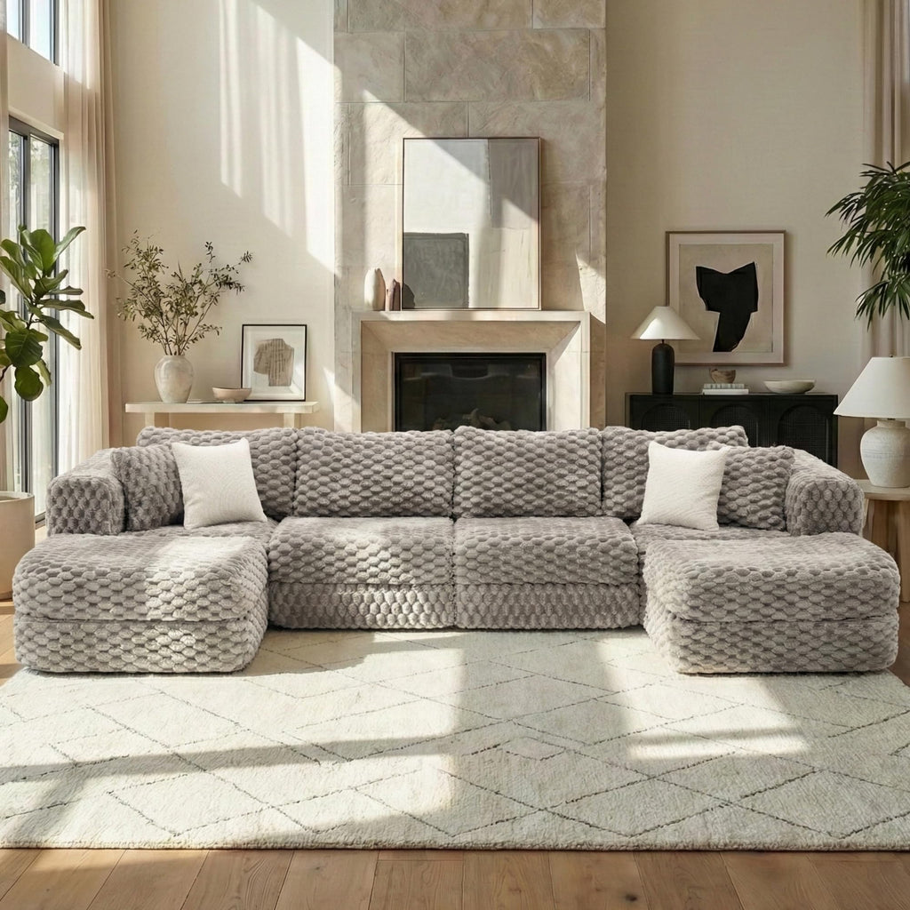 Merax 135.4 Inch Modular Sectional Sofa with 2 Movable Ottomans, Bubble Velvet U-Shape Convertible Couch for Living Room, Reversible Chaise, Includes 4 Throw Pillows, Grey