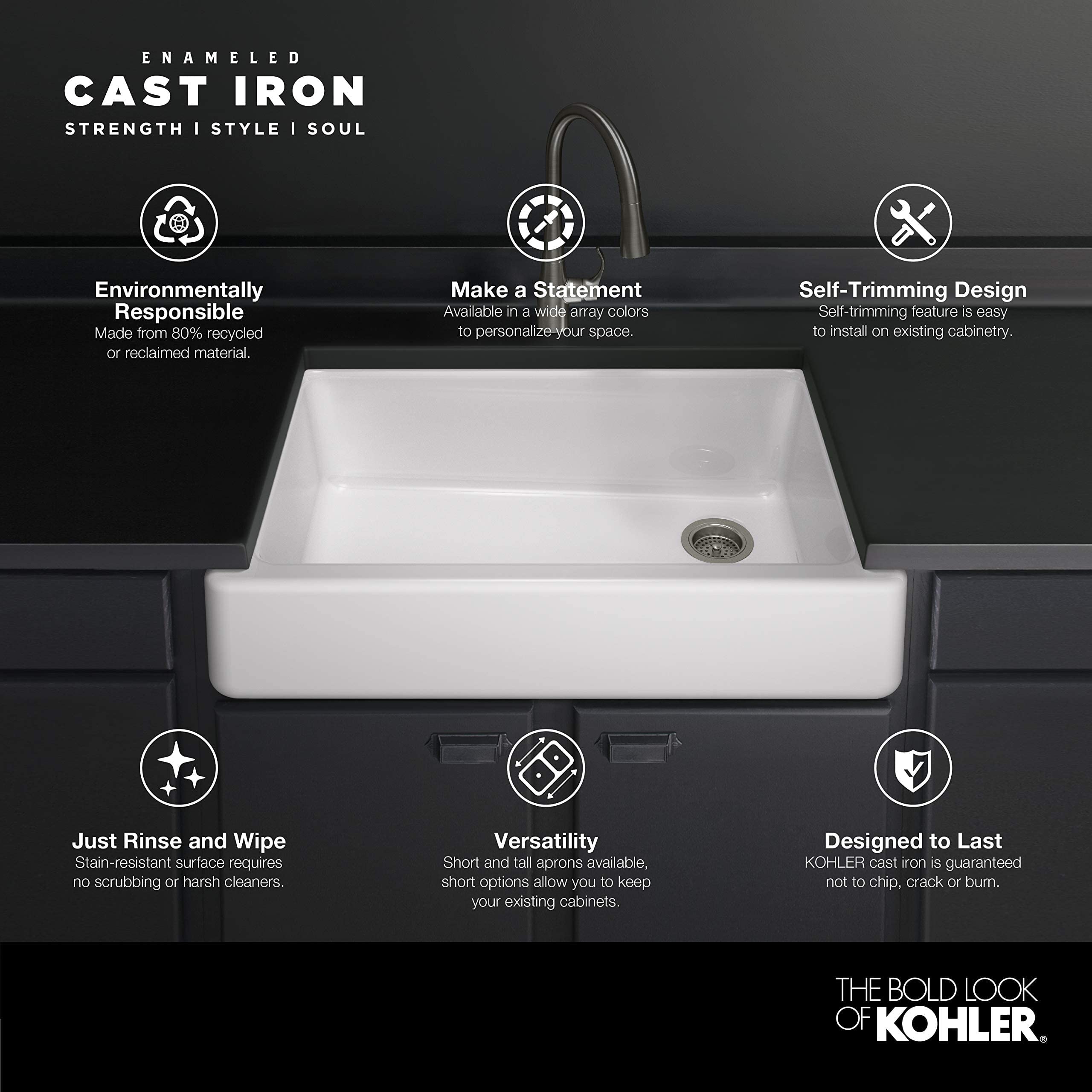 KOHLER Whitehaven® 35-3/4" Farmhouse Undermount Kitchen Sink, Single-Bowl Kitchen Sinks, Self-Trimming Tall Apron Front, K-6489-0, White