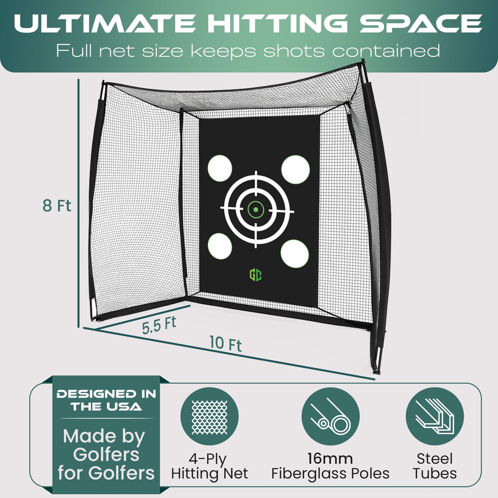 Heavy-Duty Golf Hitting Net 10x8x5.5 FT- Golf Practice Net with Silent Target Tarp, 4-Ply Net, Mat & Tee, Steel Tubes, Poles & Carry Bag - Golf Nets for Backyard, Indoor, Outdoor & Garage