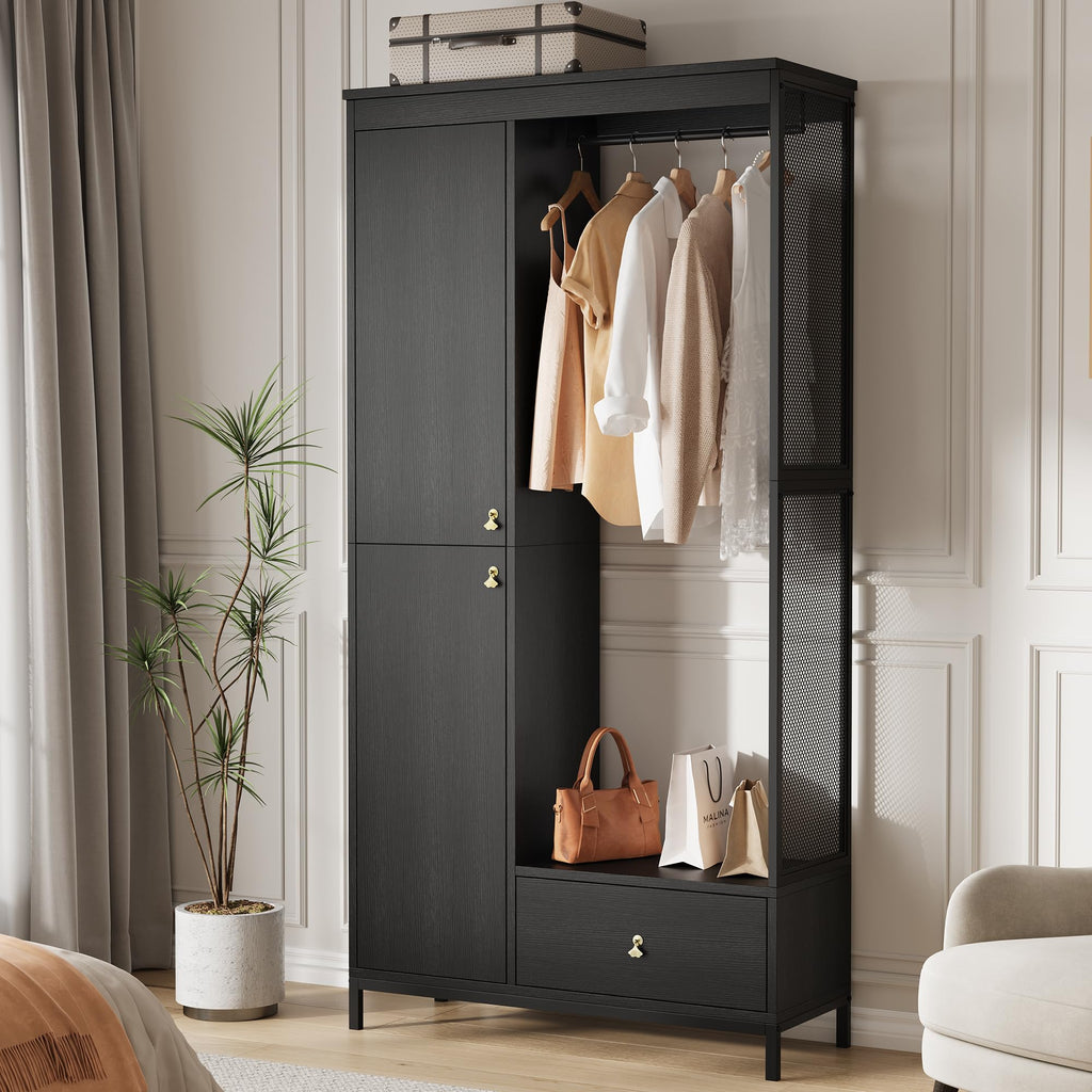 78.9" Armoire Wardrobe Closet with Shelves and Hanging Rod, Large Fixed Compartment for Bedding & Luggage, Open Design of the Hanging Area, Metal Frame Wardrobe Cabinet for Bedroom (1 Drawer, Black)